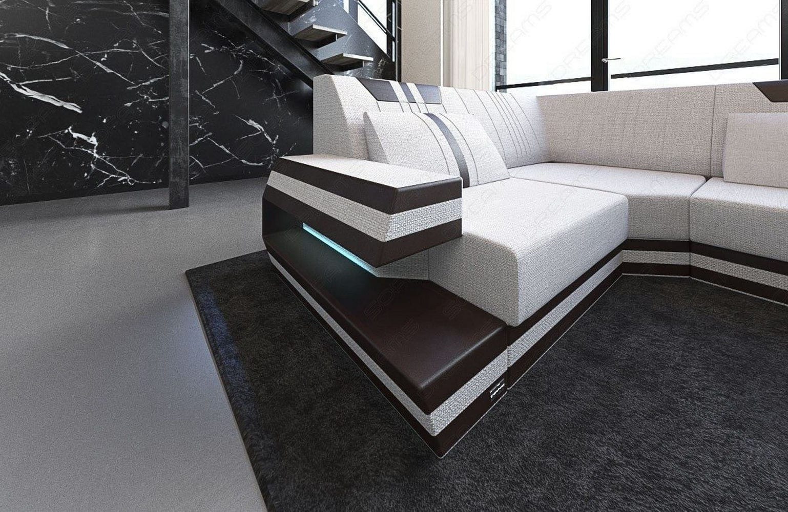 Stoff-Wohnlandschaft Ravenna U-Form LED Macchiato-Schwarz