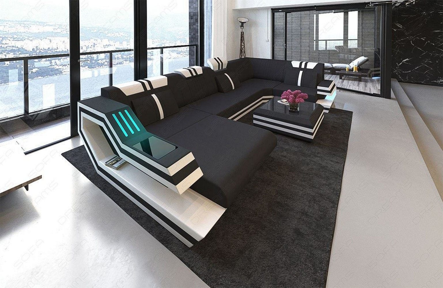 Stoff-Wohnlandschaft Ravenna U-Form LED Schwarz-Weiß