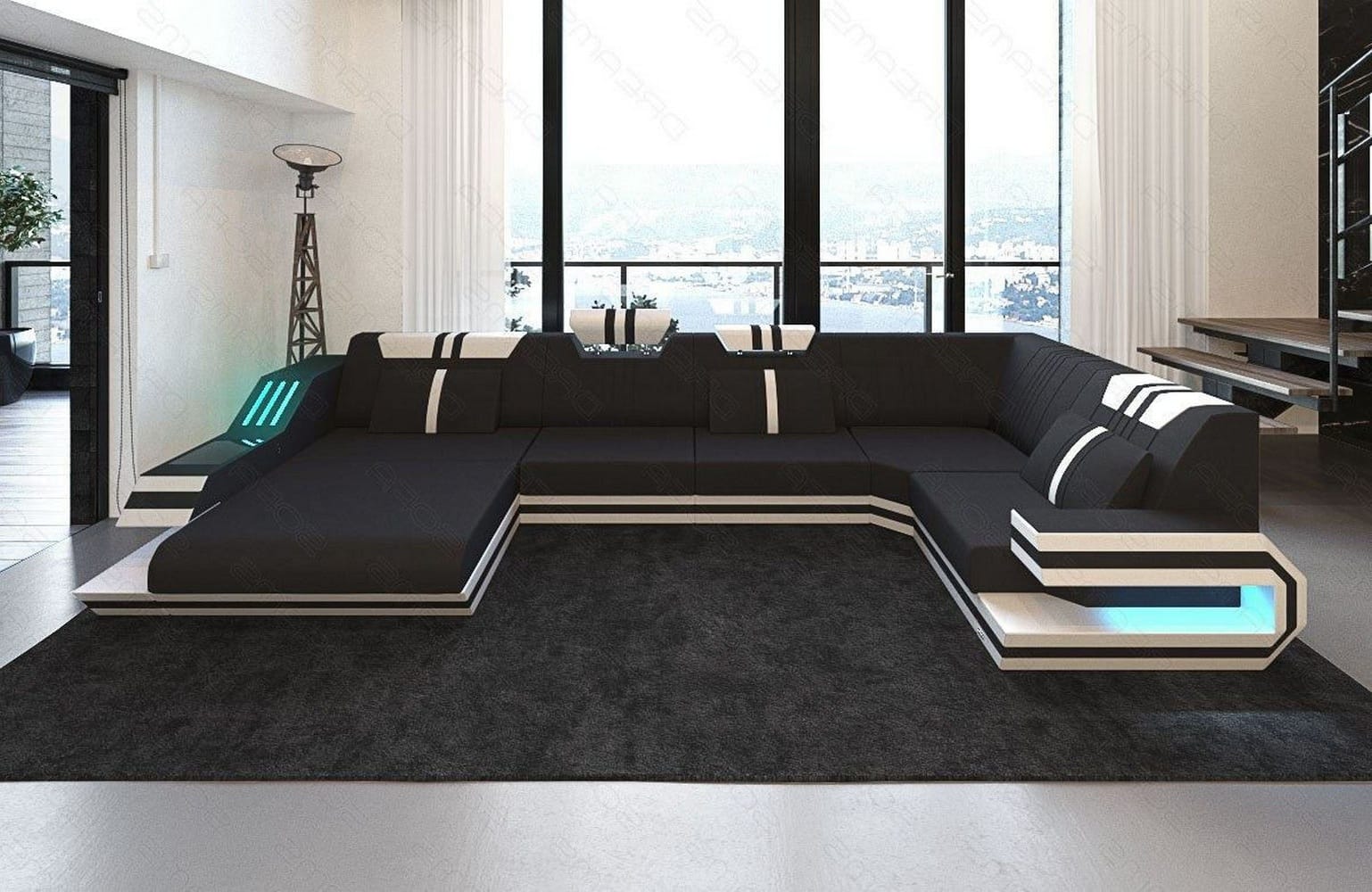Stoff-Wohnlandschaft Ravenna U-Form LED Schwarz-Weiß