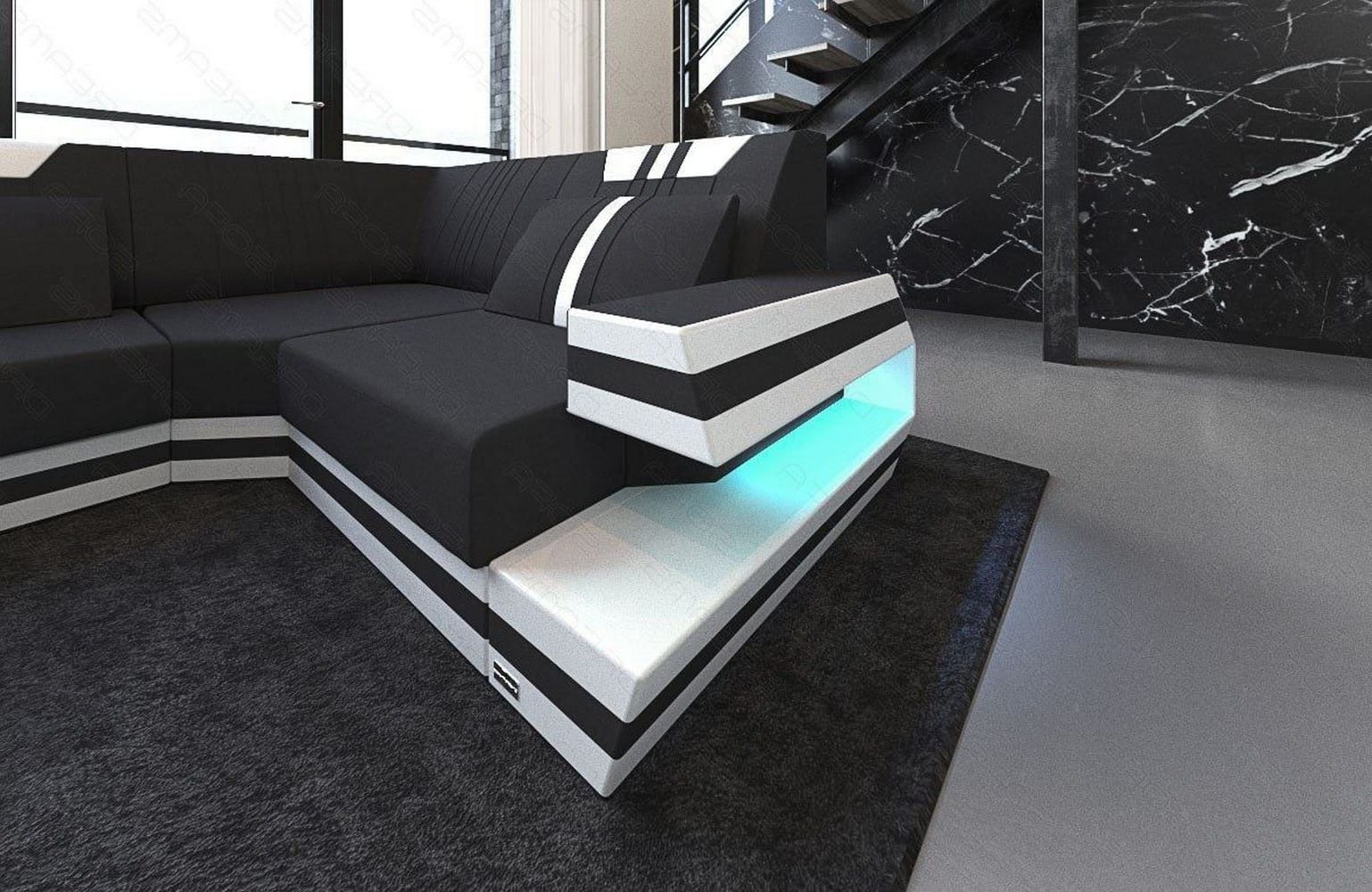 Stoff-Wohnlandschaft Ravenna U-Form LED Schwarz-Weiß