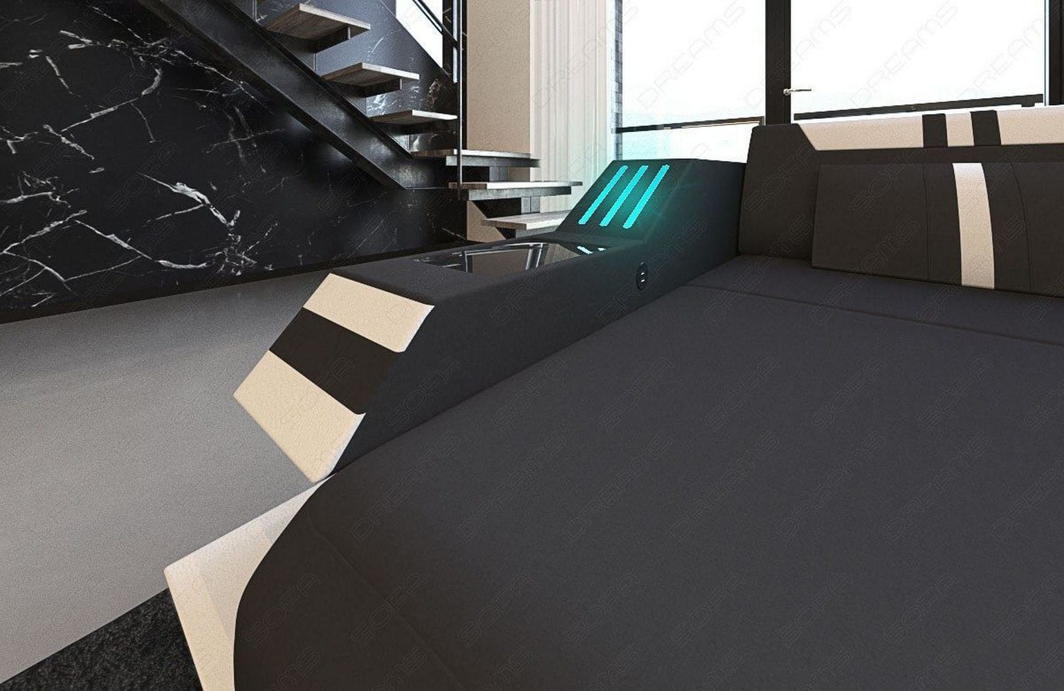 Stoff-Wohnlandschaft Ravenna U-Form LED Schwarz-Weiß
