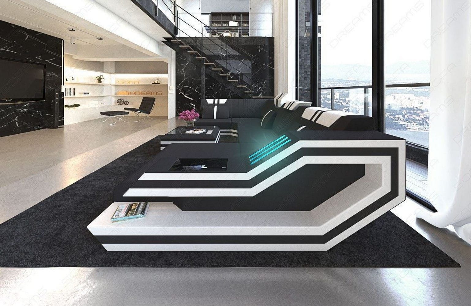 Stoff-Wohnlandschaft Ravenna U-Form LED Schwarz-Weiß