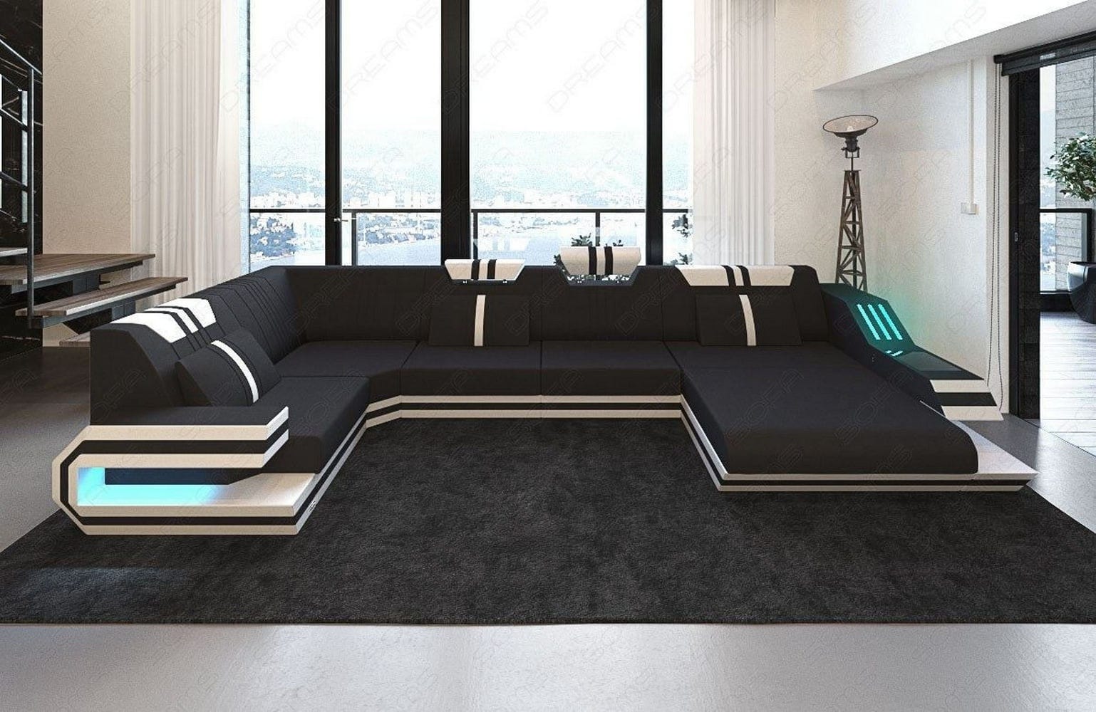 Stoff-Wohnlandschaft Ravenna U-Form LED Schwarz-Weiß