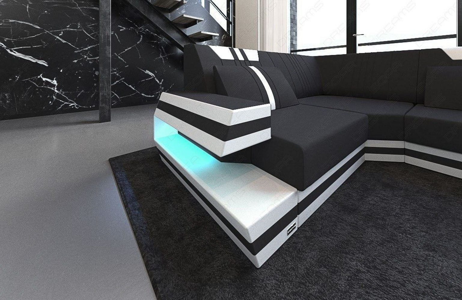 Stoff-Wohnlandschaft Ravenna U-Form LED Schwarz-Weiß