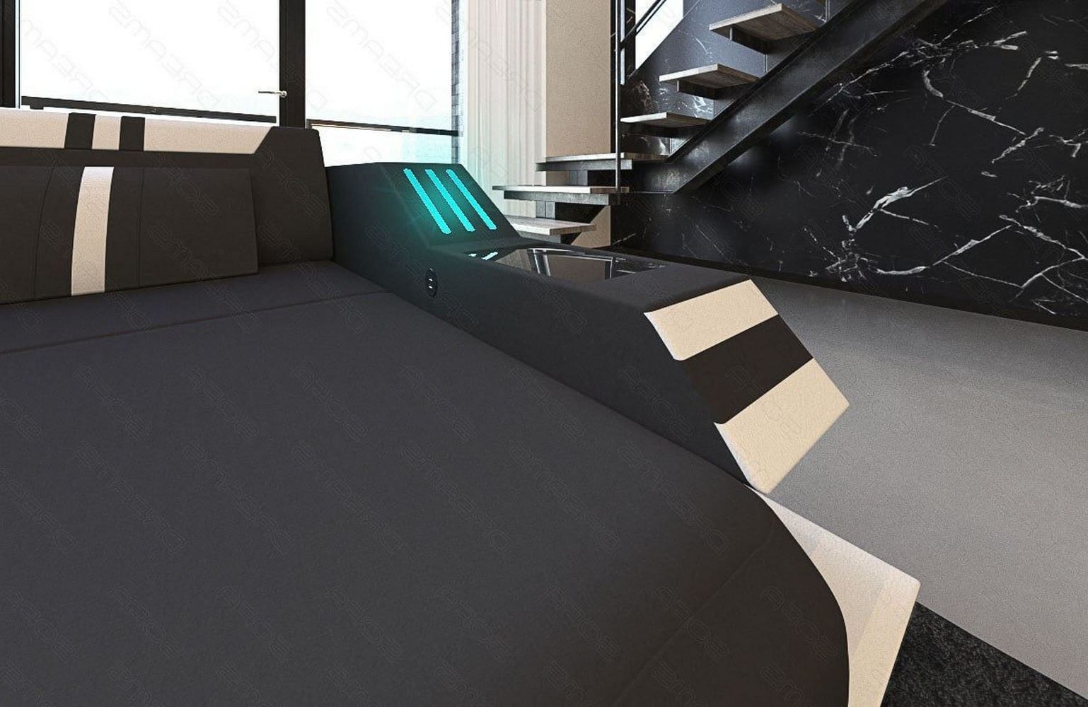 Stoff-Wohnlandschaft Ravenna U-Form LED Schwarz-Weiß