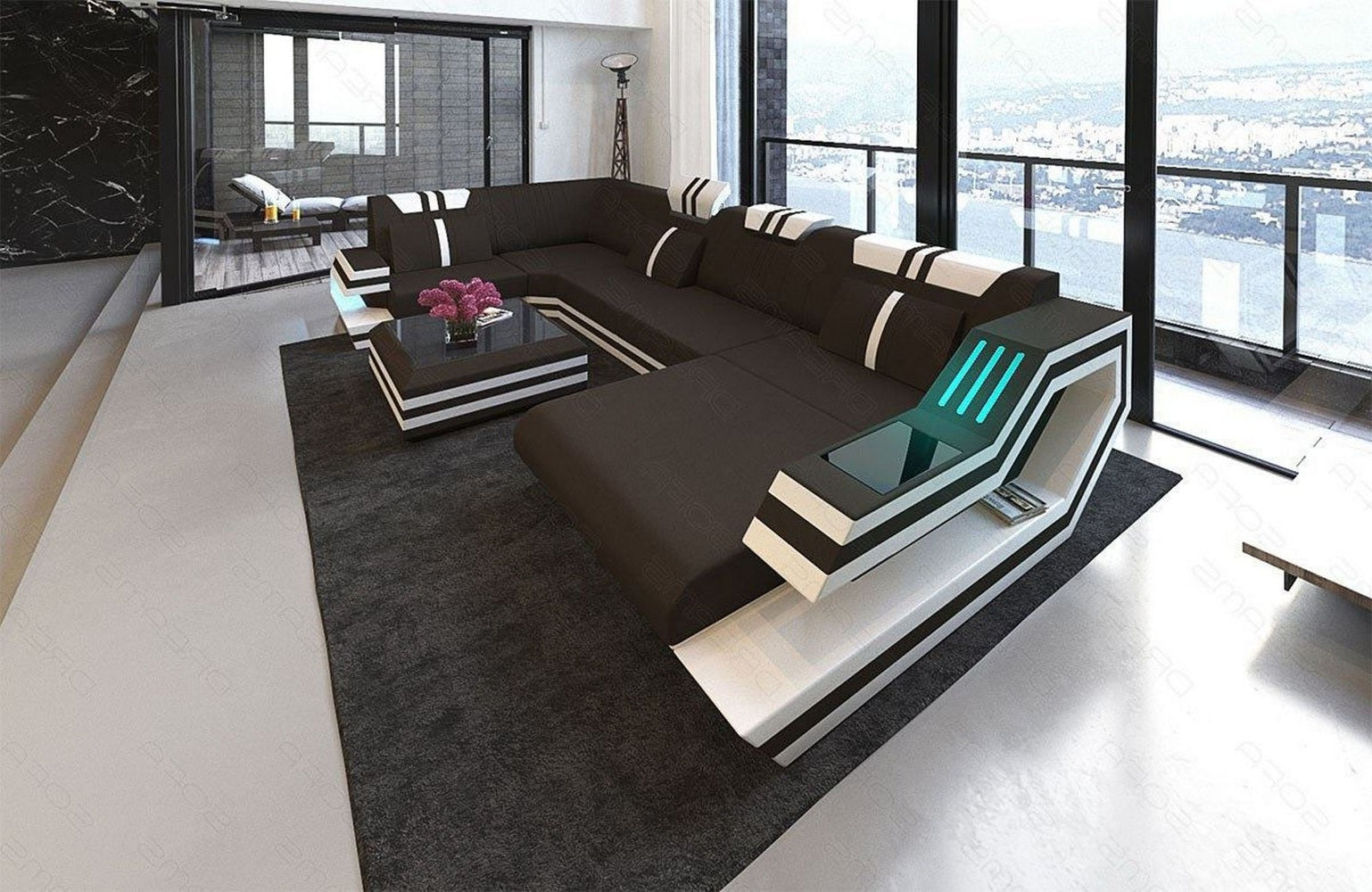Stoff-Wohnlandschaft Ravenna U-Form LED Mokka-Weiß