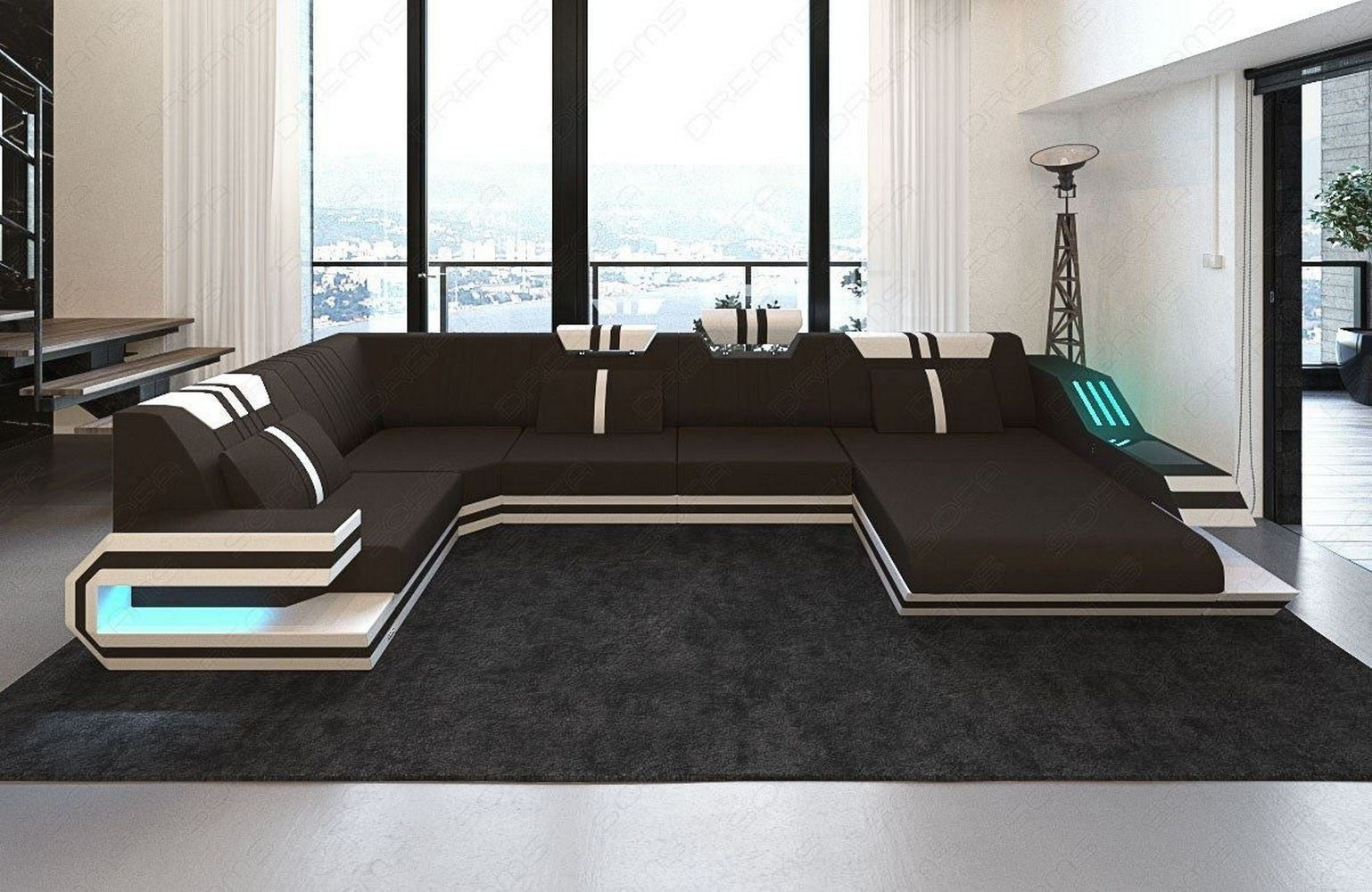 Stoff-Wohnlandschaft Ravenna U-Form LED Mokka-Weiß