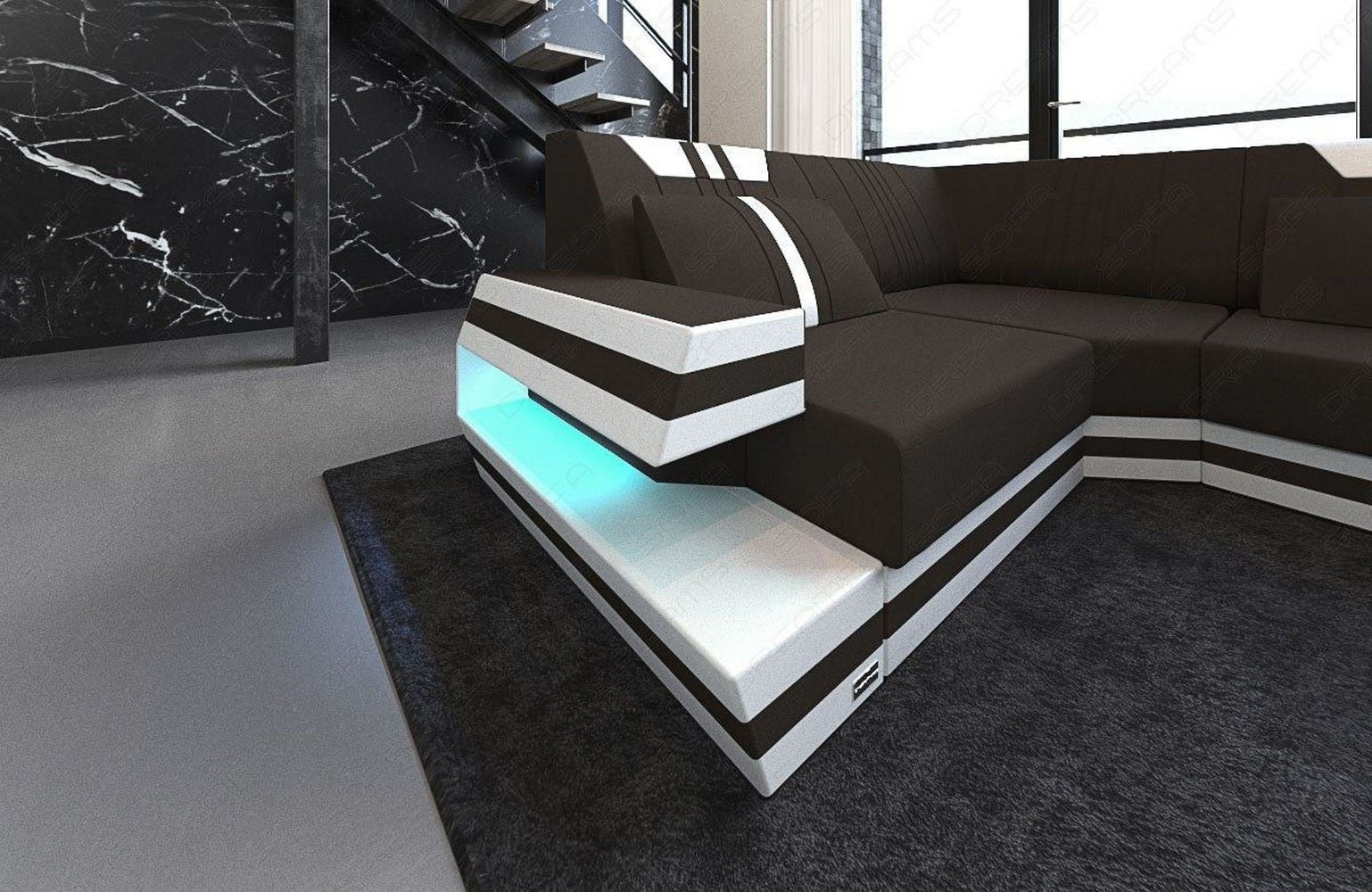 Stoff-Wohnlandschaft Ravenna U-Form LED Mokka-Weiß