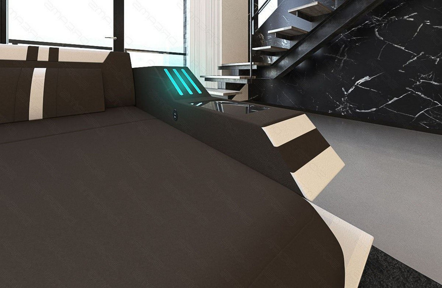 Stoff-Wohnlandschaft Ravenna U-Form LED Mokka-Weiß