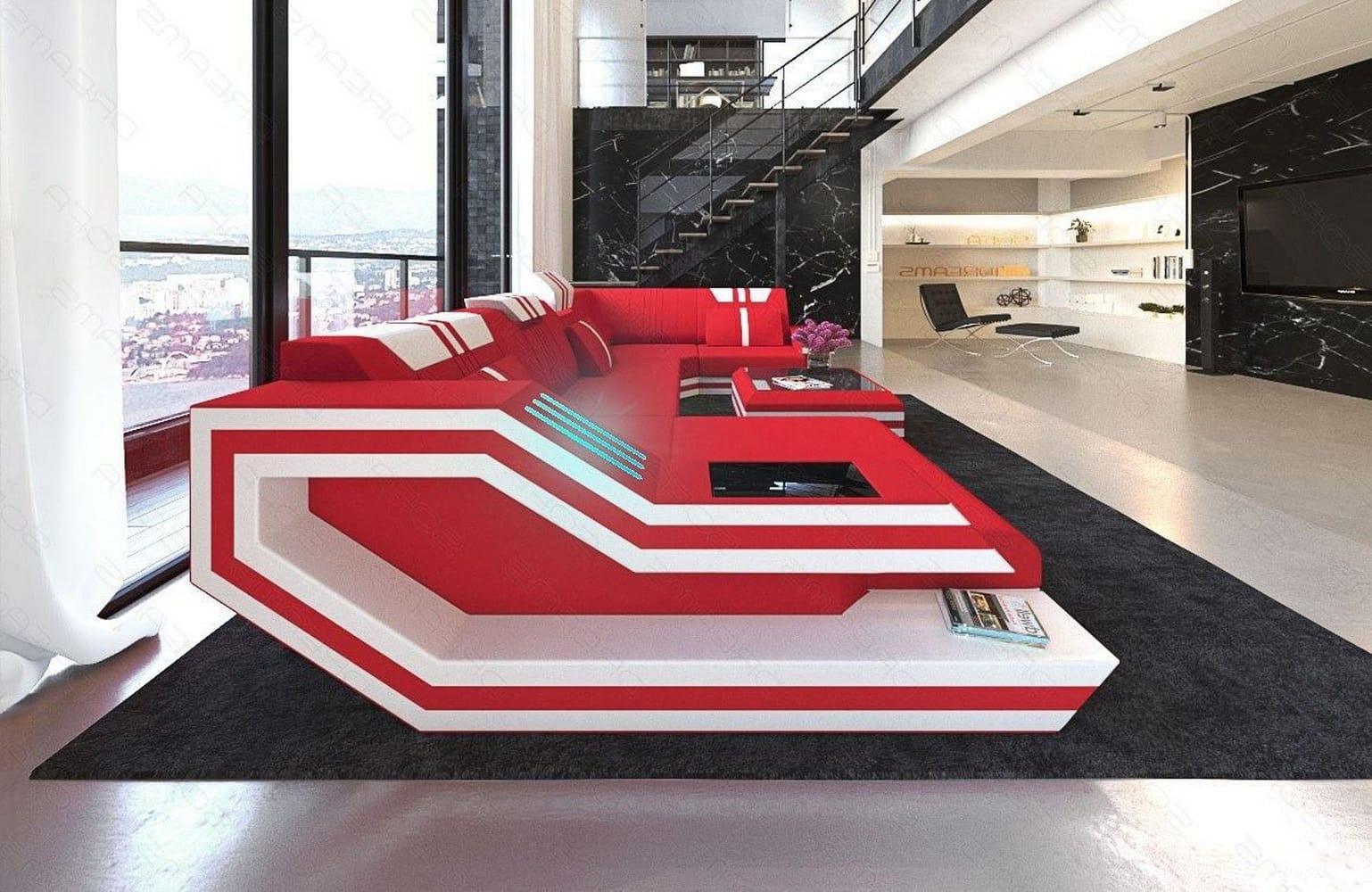 Stoff-Wohnlandschaft Ravenna U-Form LED Rot-Weiß