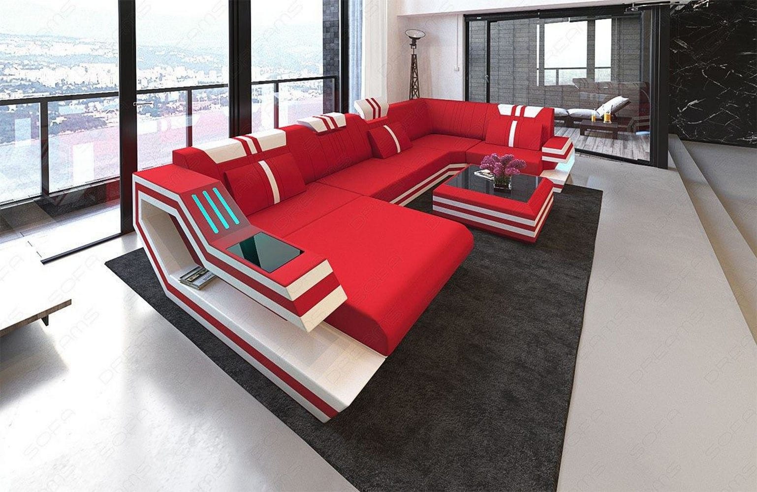 Stoff-Wohnlandschaft Ravenna U-Form LED Rot-Weiß