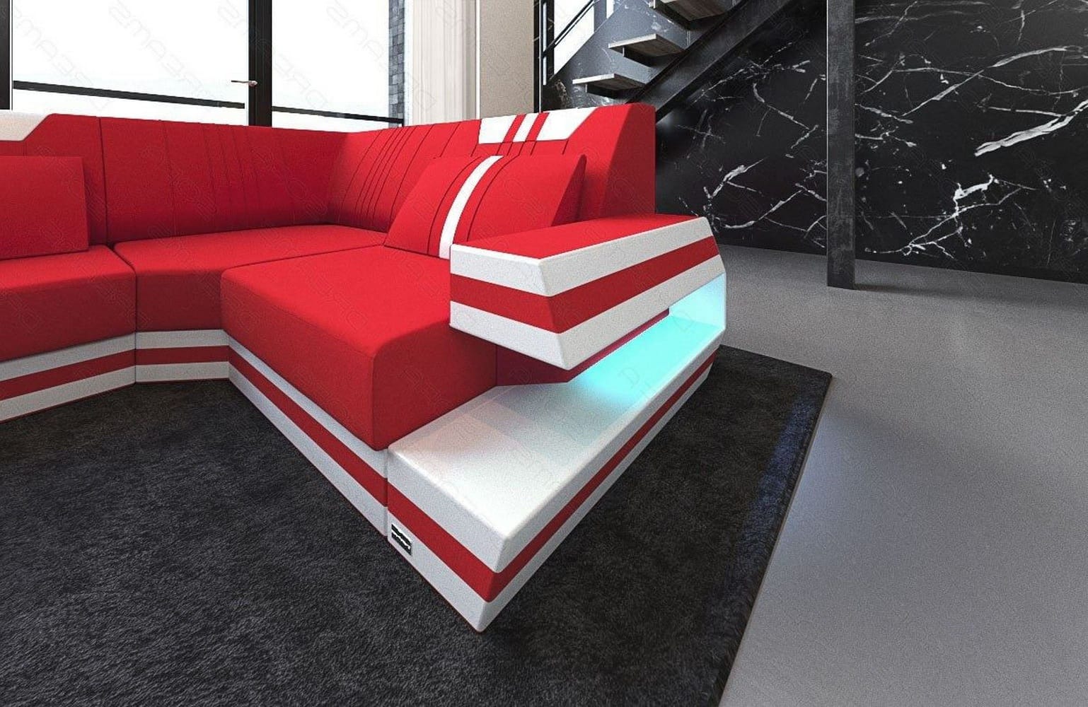 Stoff-Wohnlandschaft Ravenna U-Form LED Rot-Weiß