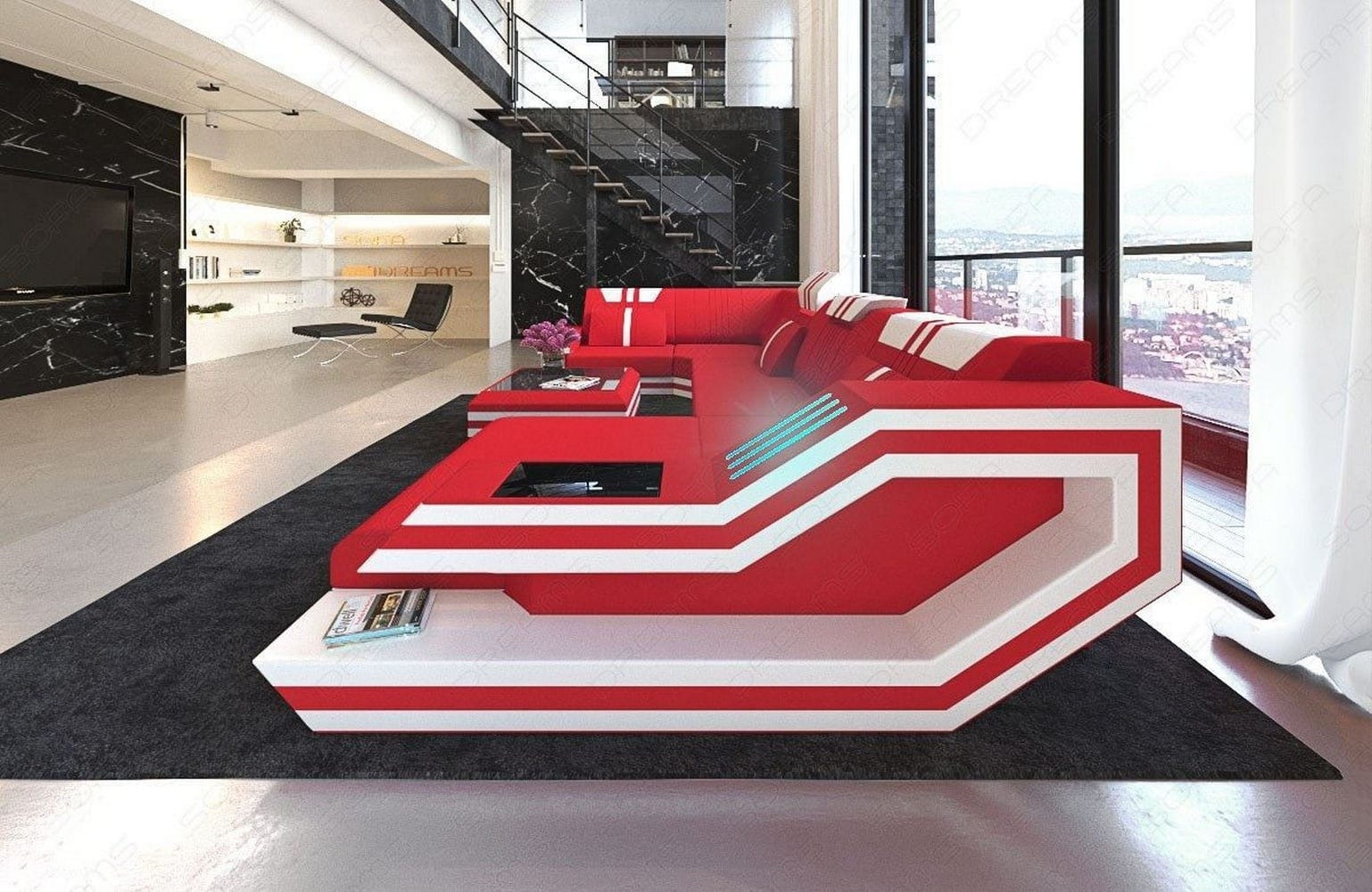 Stoff-Wohnlandschaft Ravenna U-Form LED Rot-Weiß