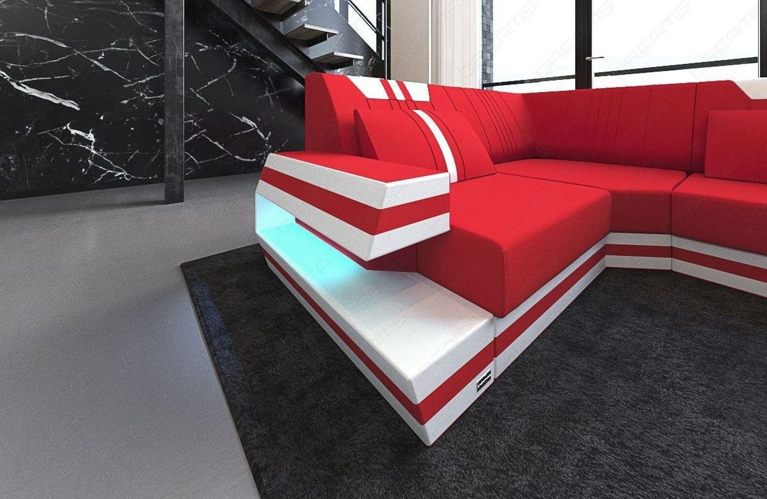 Stoff-Wohnlandschaft Ravenna U-Form LED Rot-Weiß