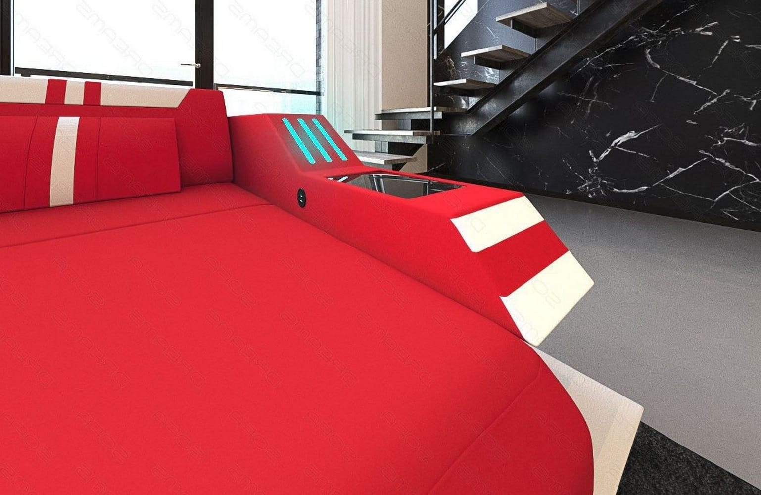 Stoff-Wohnlandschaft Ravenna U-Form LED Rot-Weiß