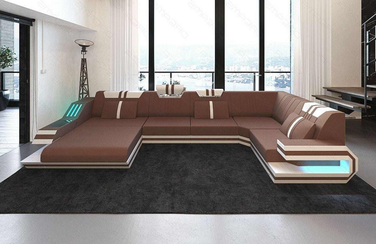 Stoff-Wohnlandschaft Ravenna U-Form LED Hellbraun-Weiß