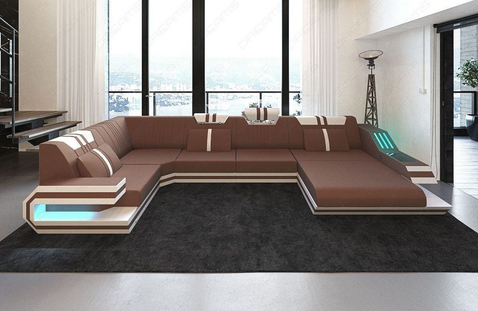 Stoff-Wohnlandschaft Ravenna U-Form LED Hellbraun-Weiß
