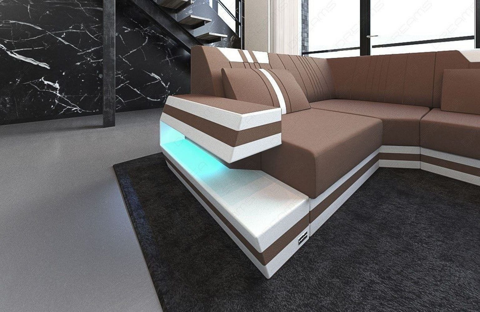 Stoff-Wohnlandschaft Ravenna U-Form LED Hellbraun-Weiß