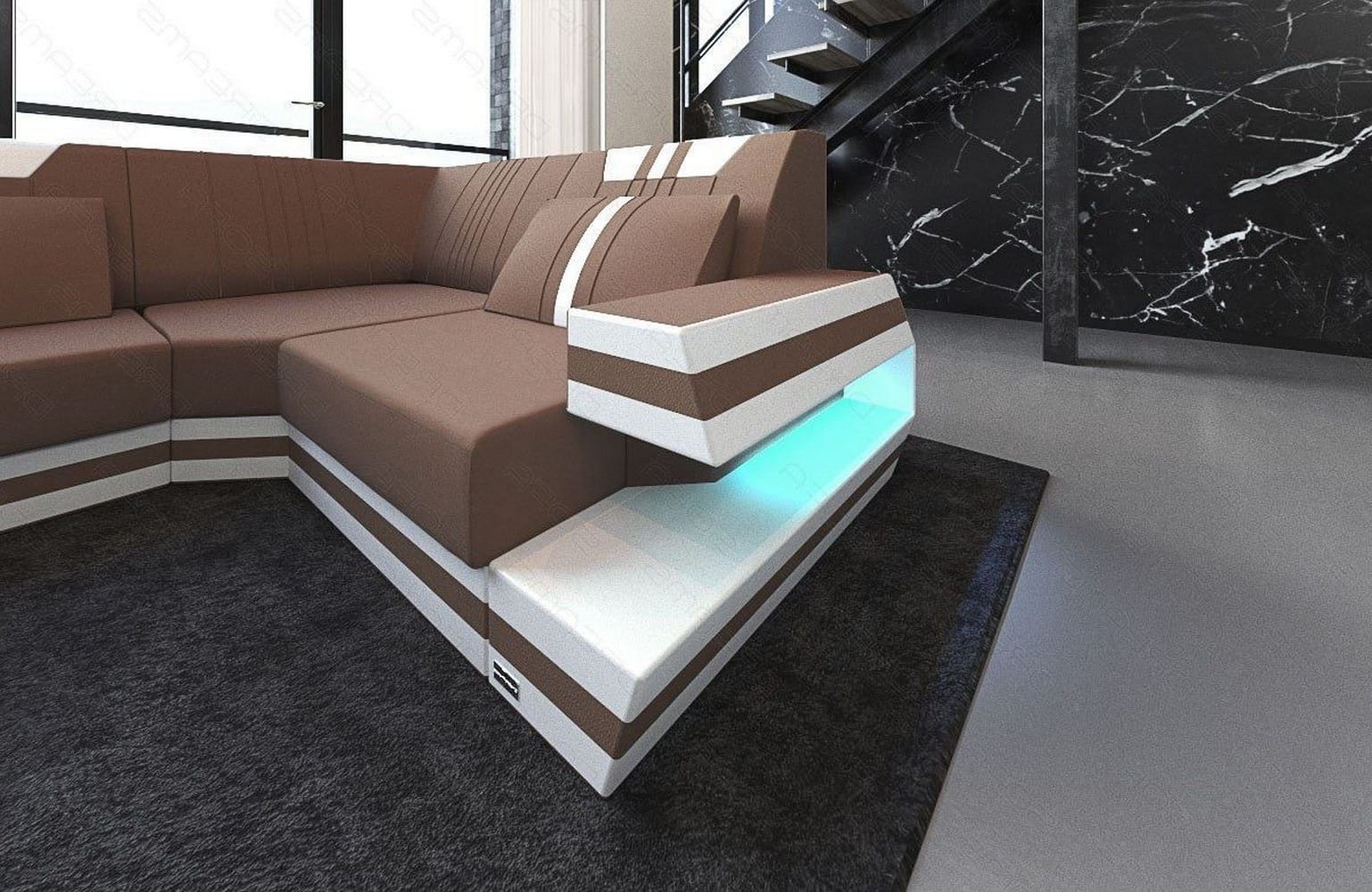 Stoff-Wohnlandschaft Ravenna U-Form LED Hellbraun-Weiß