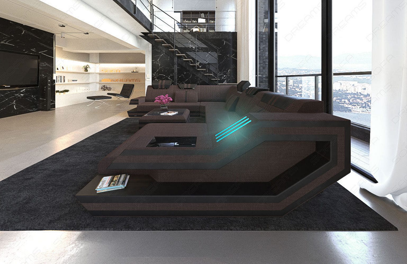 Leder-Stoff-Mix Wohnlandschaft Ravenna XL LED Graubraun-Schwarz