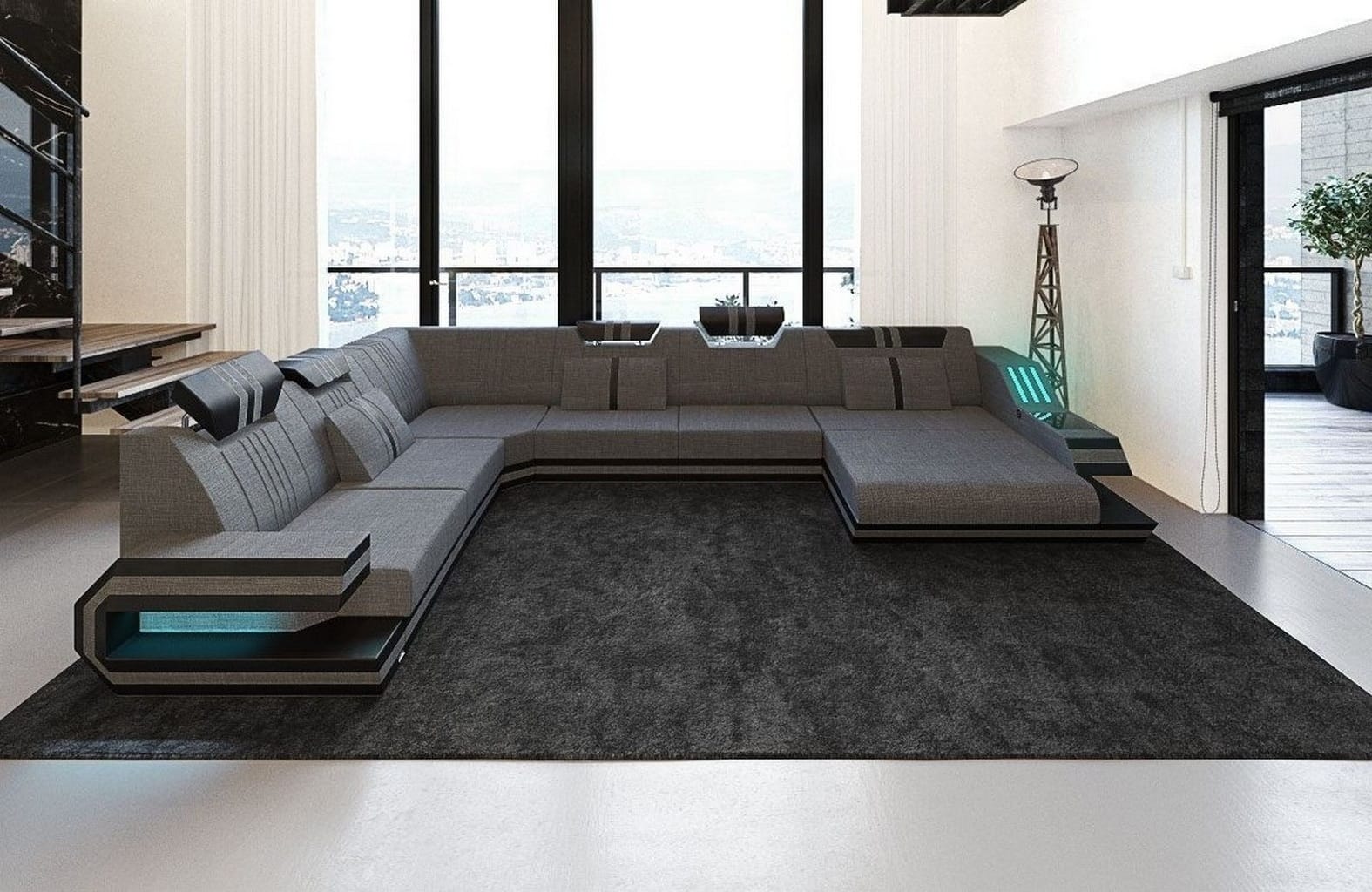 Leder-Stoff-Mix Wohnlandschaft Ravenna XL LED Grau-Schwarz