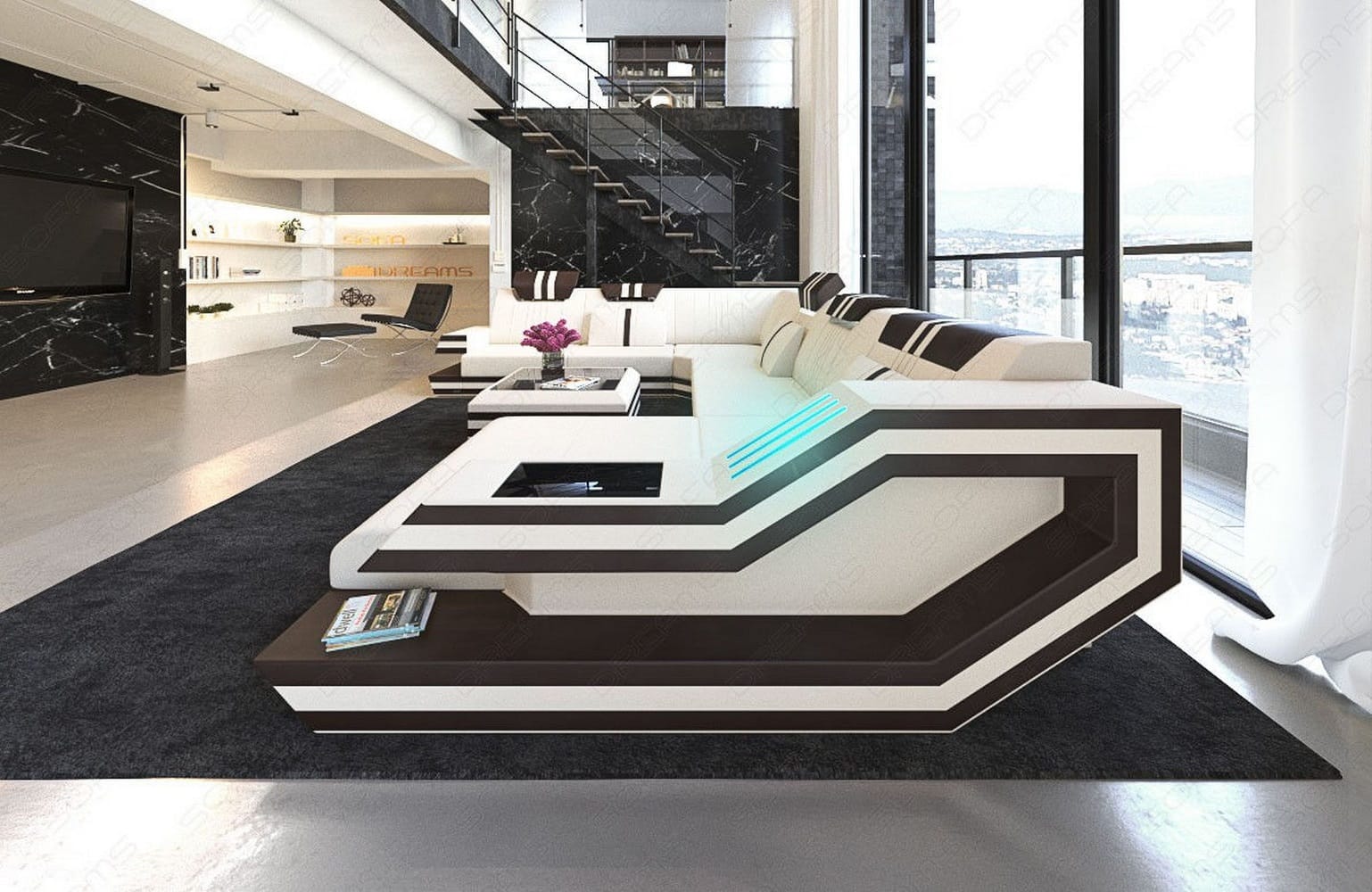 Leder-Stoff-Mix Wohnlandschaft Ravenna XL LED Elfenbein-Dunkelbraun