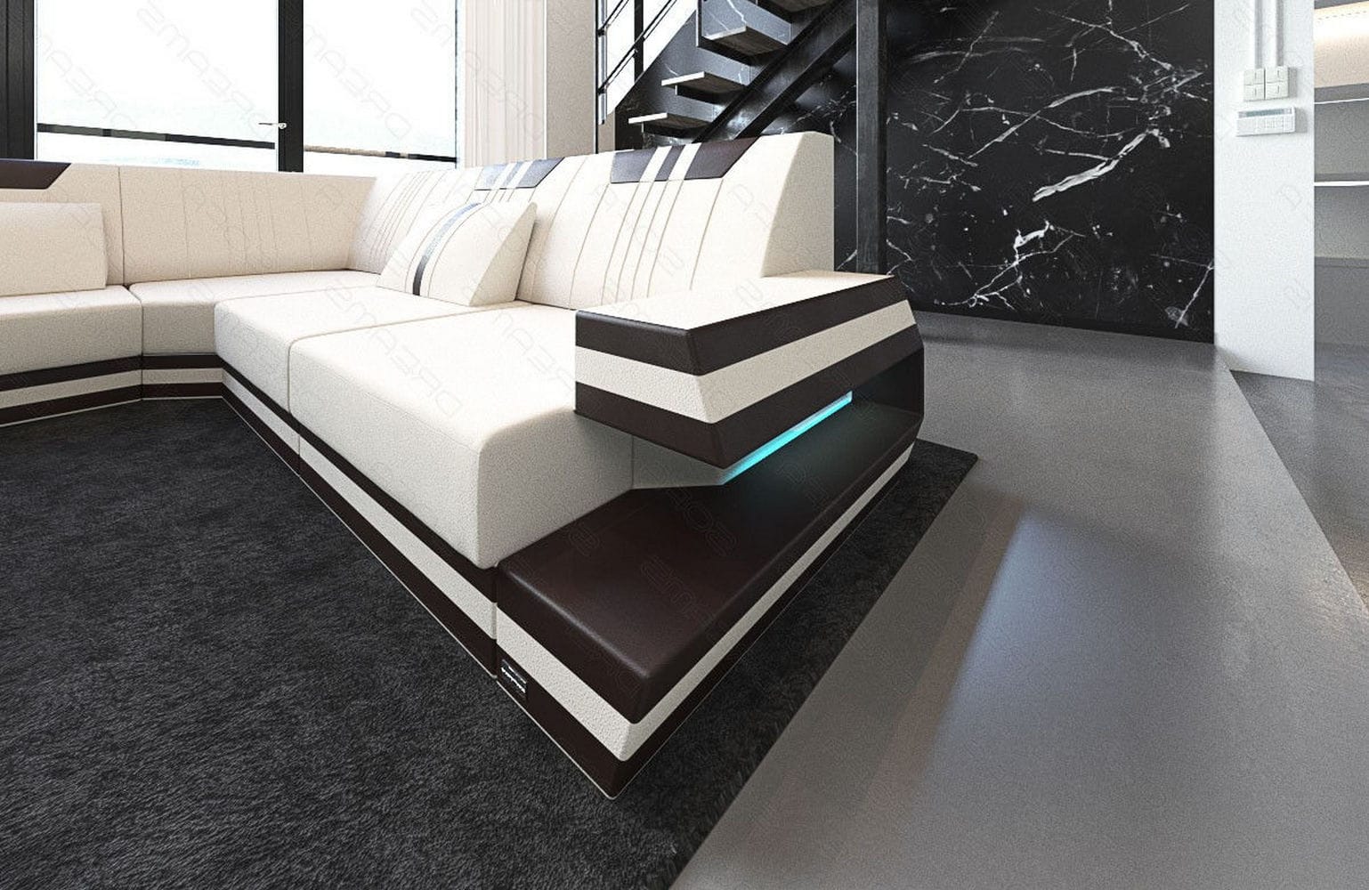 Leder-Stoff-Mix Wohnlandschaft Ravenna XL LED Elfenbein-Dunkelbraun
