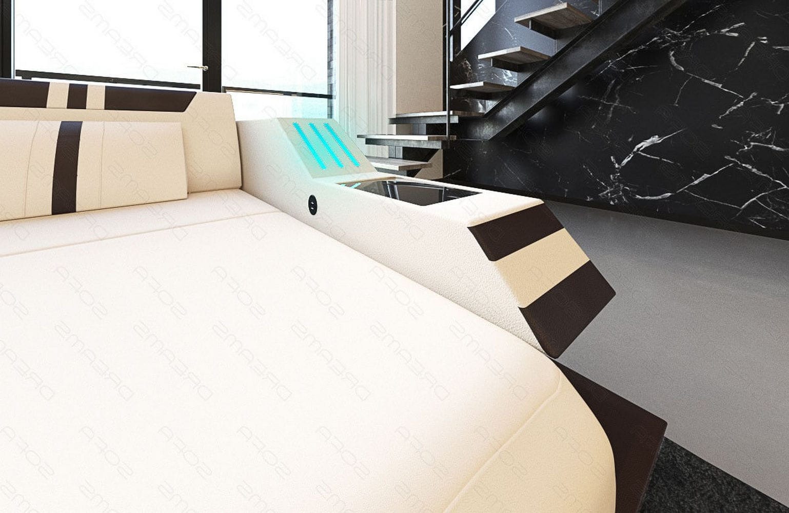 Leder-Stoff-Mix Wohnlandschaft Ravenna XL LED Elfenbein-Dunkelbraun