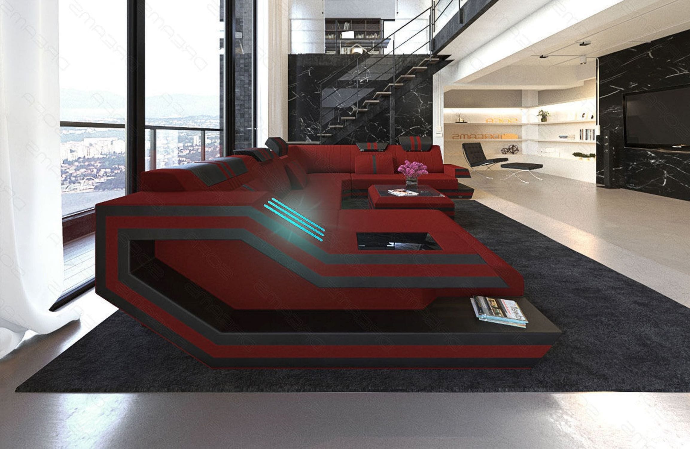 Leder-Stoff-Mix Wohnlandschaft Ravenna XL LED Dunkelrot-Schwarz