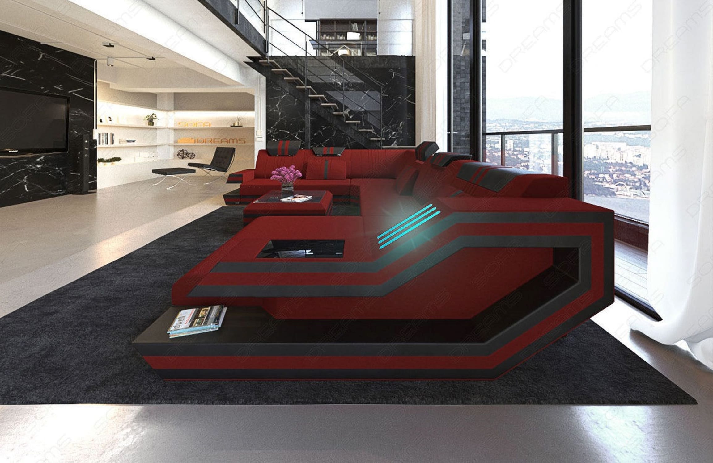 Leder-Stoff-Mix Wohnlandschaft Ravenna XL LED Dunkelrot-Schwarz