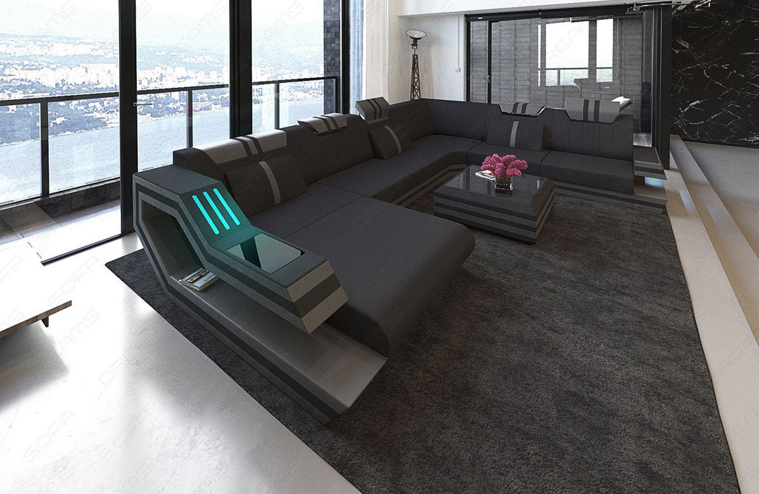 Leder-Stoff-Mix Wohnlandschaft Ravenna XL LED Schwarz-Grau