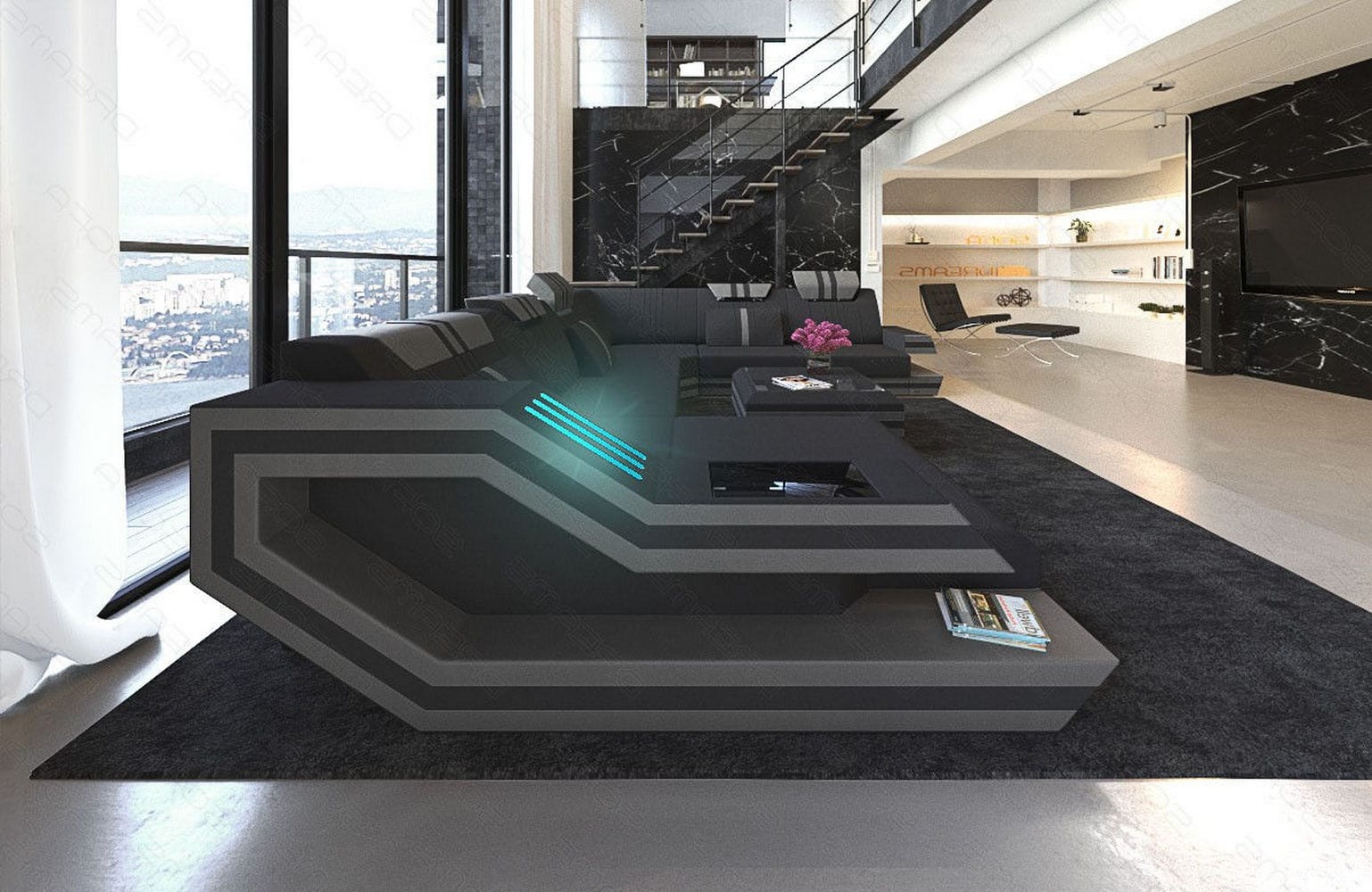Leder-Stoff-Mix Wohnlandschaft Ravenna XL LED Schwarz-Grau