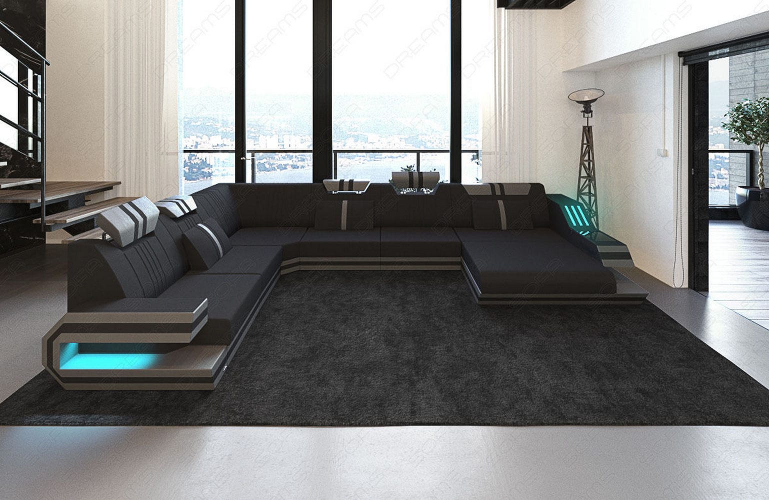 Leder-Stoff-Mix Wohnlandschaft Ravenna XL LED Schwarz-Grau