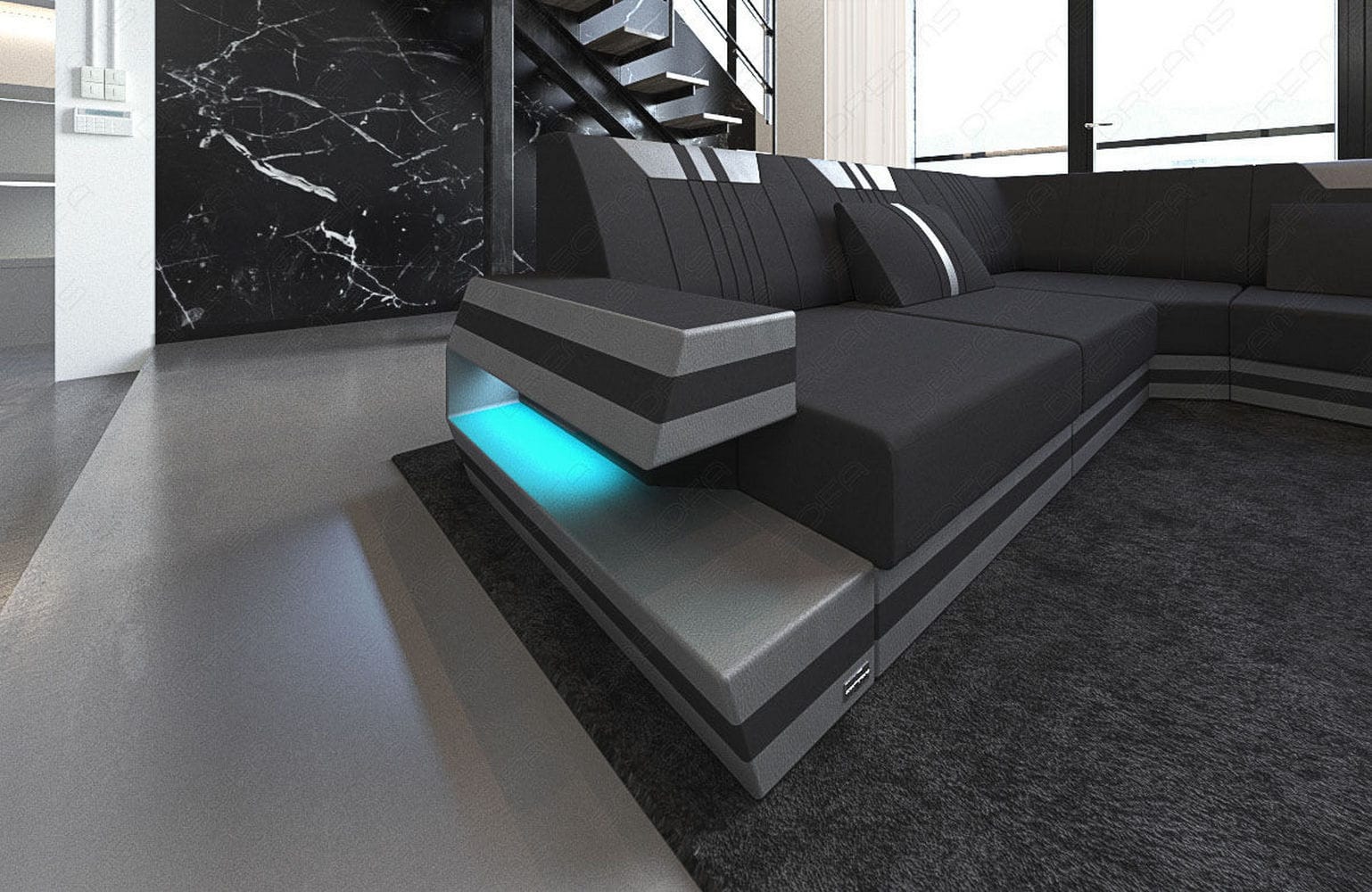 Leder-Stoff-Mix Wohnlandschaft Ravenna XL LED Schwarz-Grau