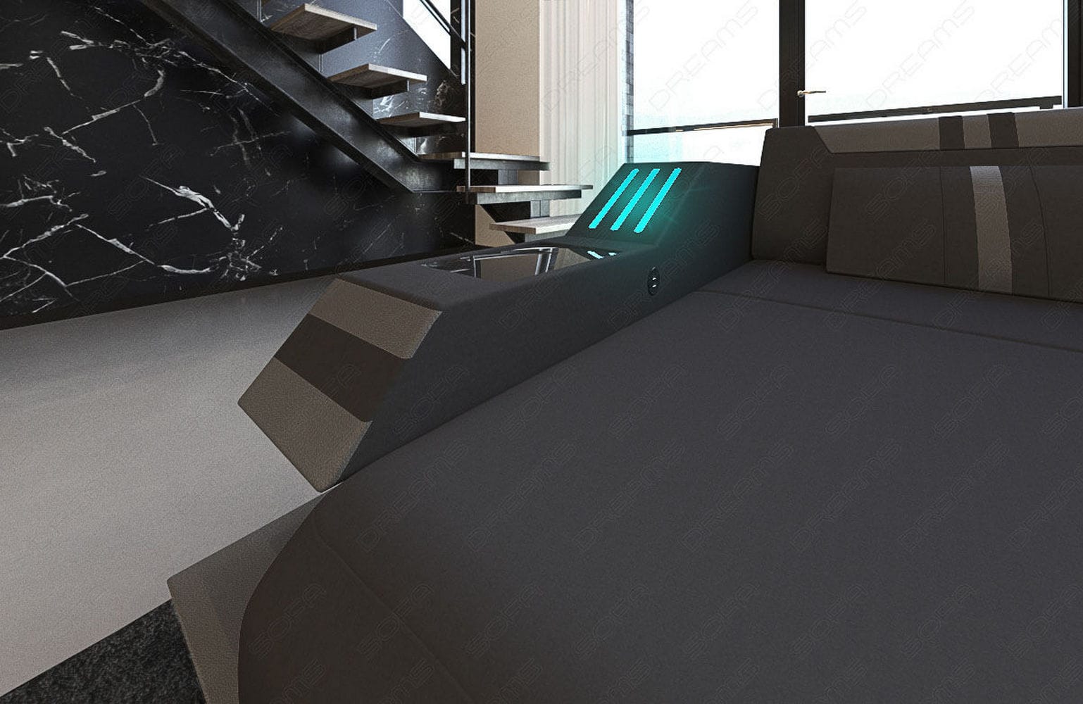 Leder-Stoff-Mix Wohnlandschaft Ravenna XL LED Schwarz-Grau