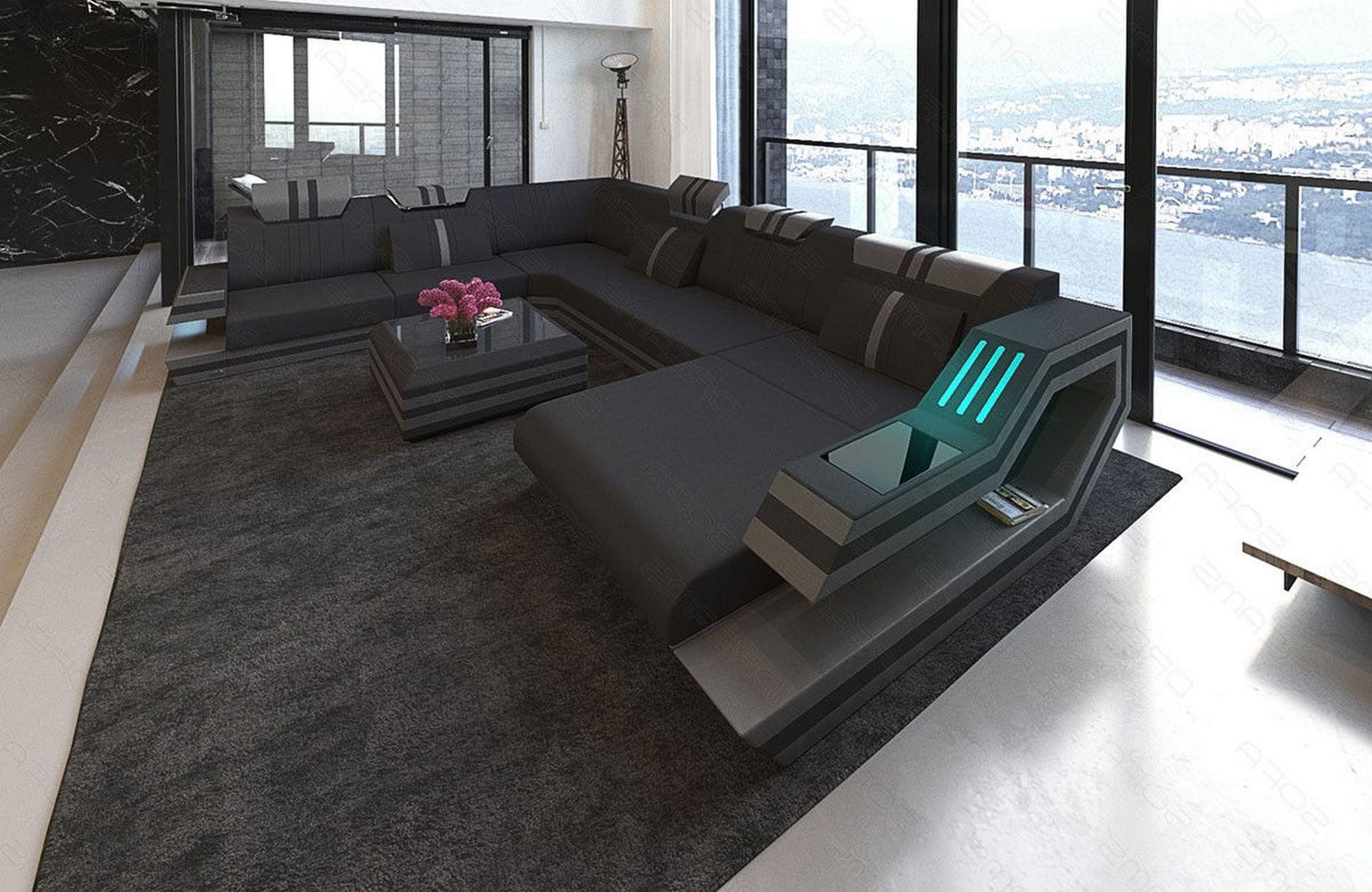 Leder-Stoff-Mix Wohnlandschaft Ravenna XL LED Schwarz-Grau