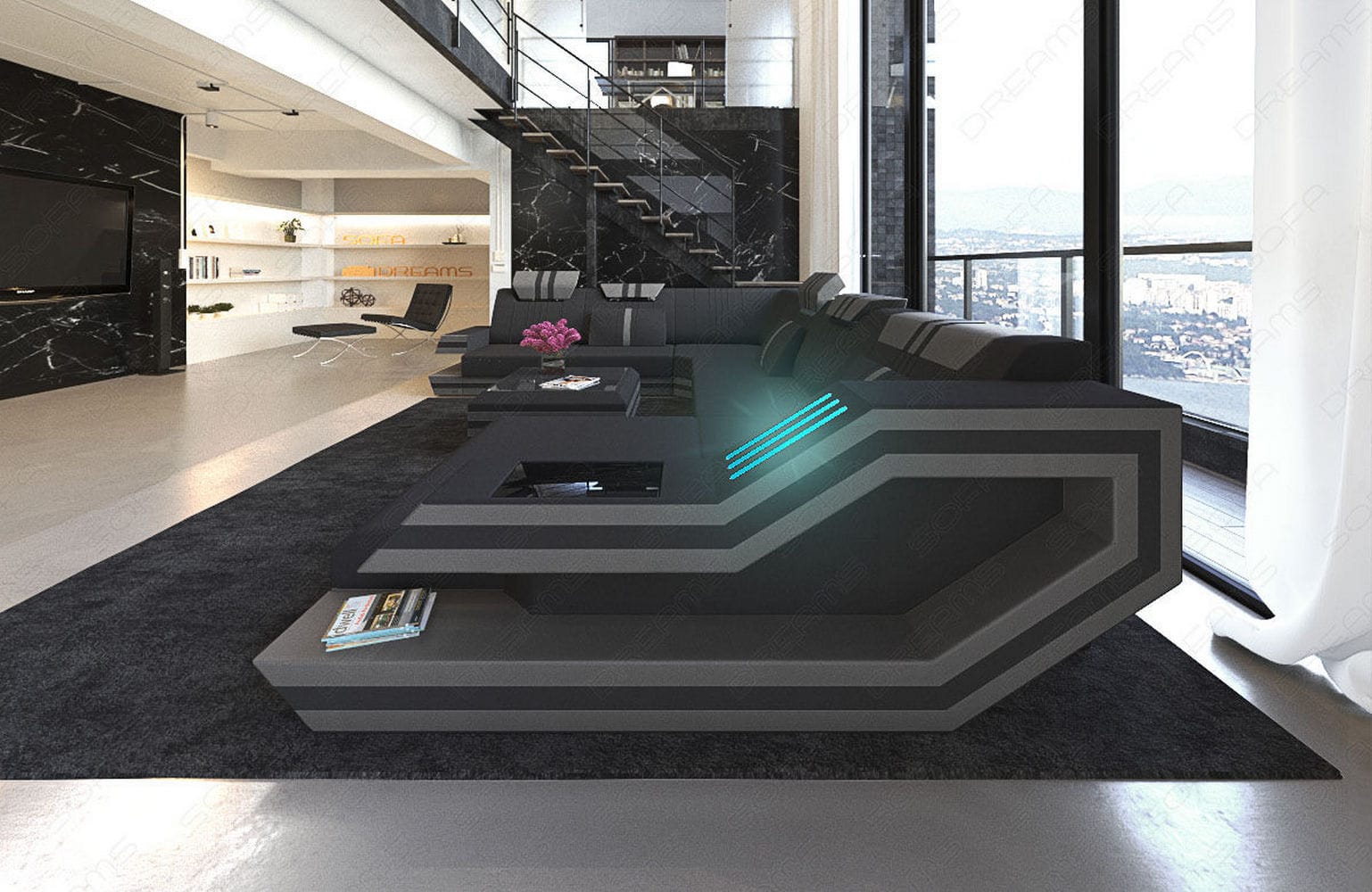 Leder-Stoff-Mix Wohnlandschaft Ravenna XL LED Schwarz-Grau