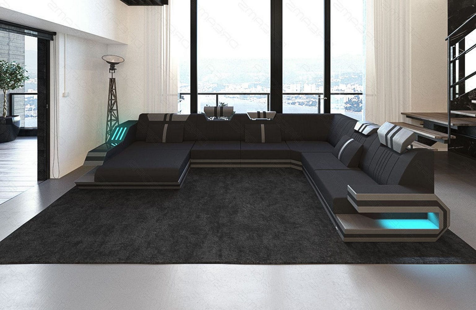 Leder-Stoff-Mix Wohnlandschaft Ravenna XL LED Schwarz-Grau
