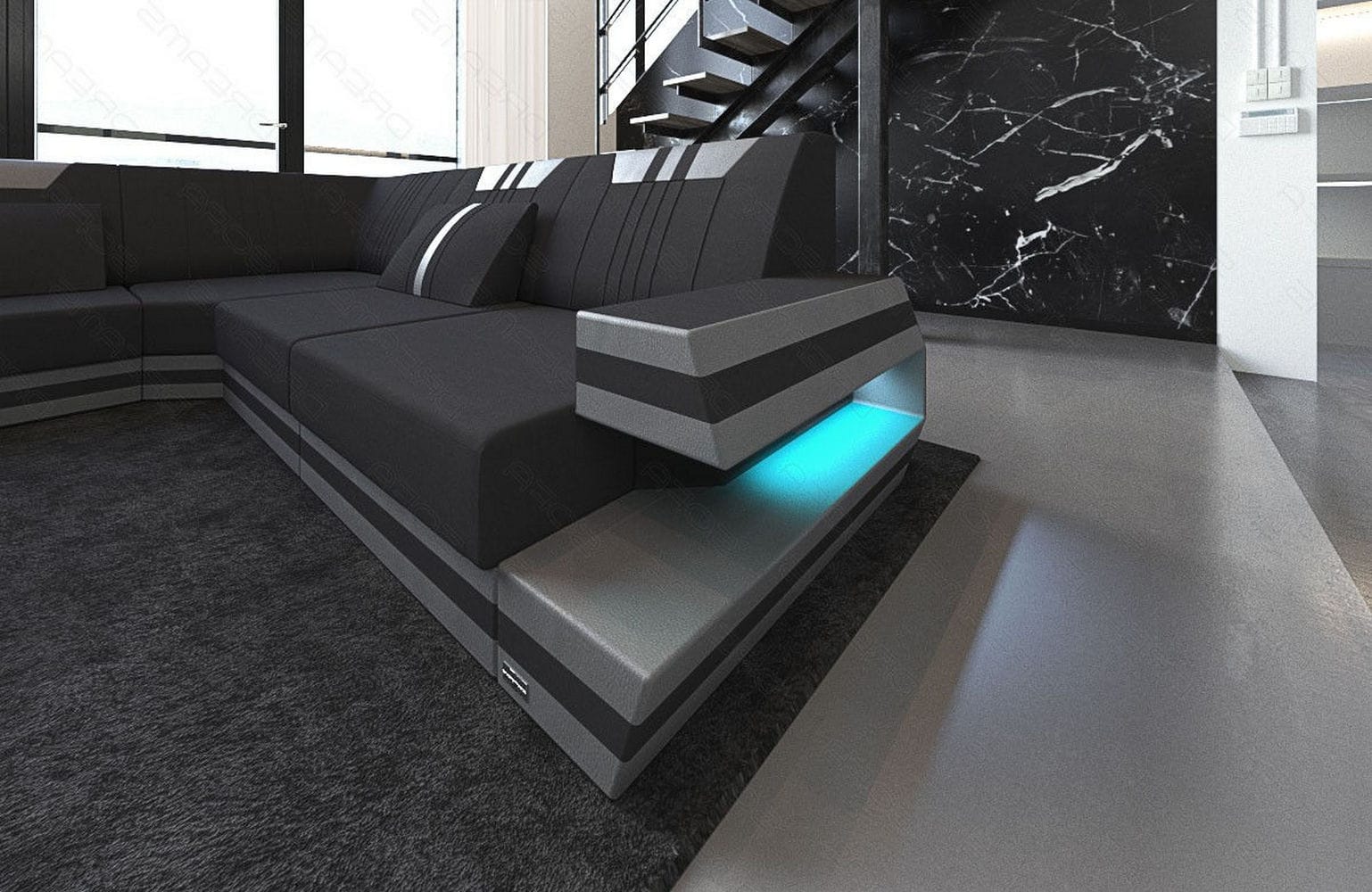 Leder-Stoff-Mix Wohnlandschaft Ravenna XL LED Schwarz-Grau