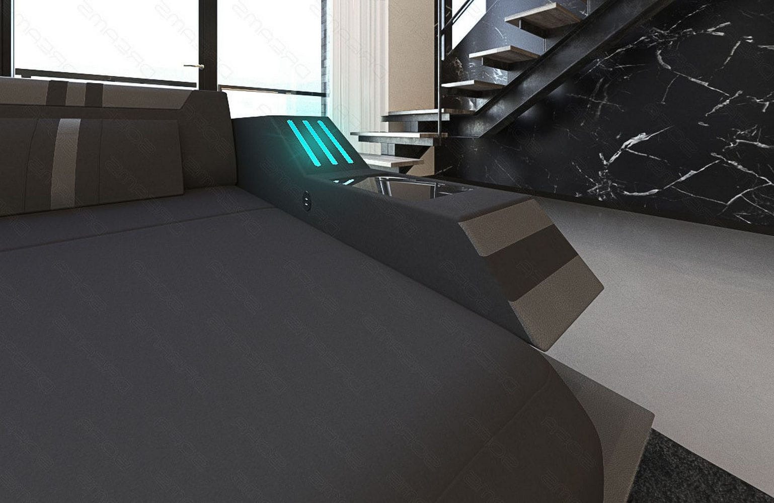 Leder-Stoff-Mix Wohnlandschaft Ravenna XL LED Schwarz-Grau