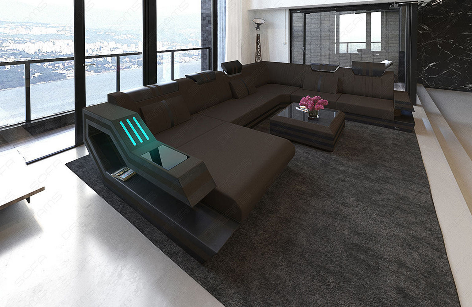 Leder-Stoff-Mix Wohnlandschaft Ravenna XL LED