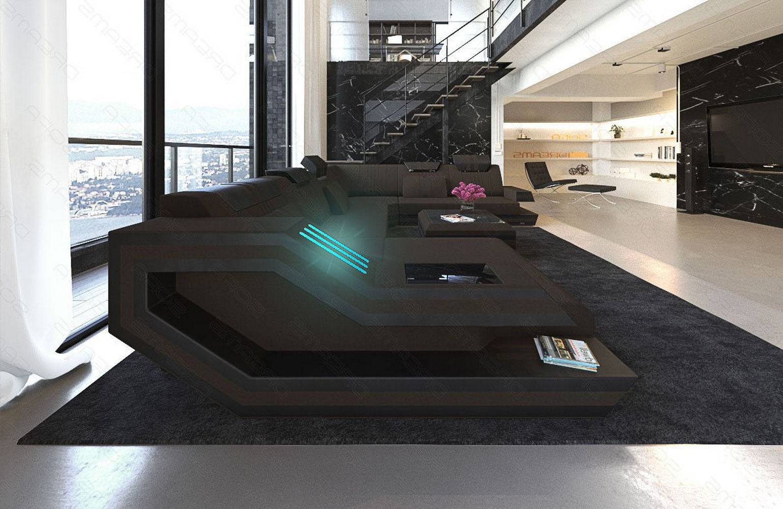Leder-Stoff-Mix Wohnlandschaft Ravenna XL LED Mokka-Schwarz