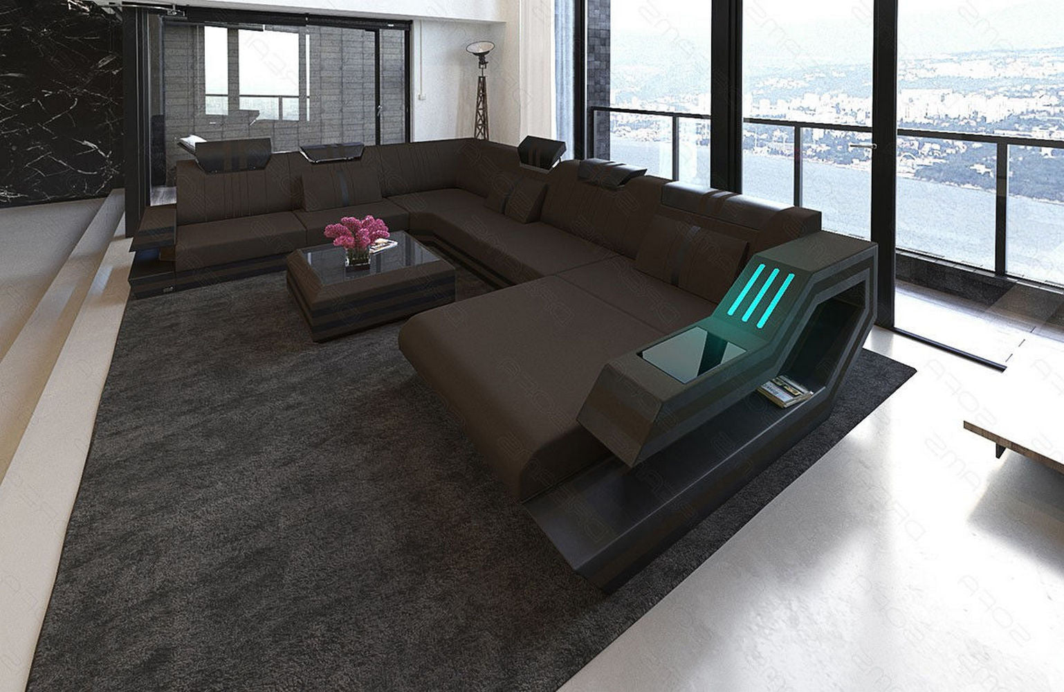 Leder-Stoff-Mix Wohnlandschaft Ravenna XL LED