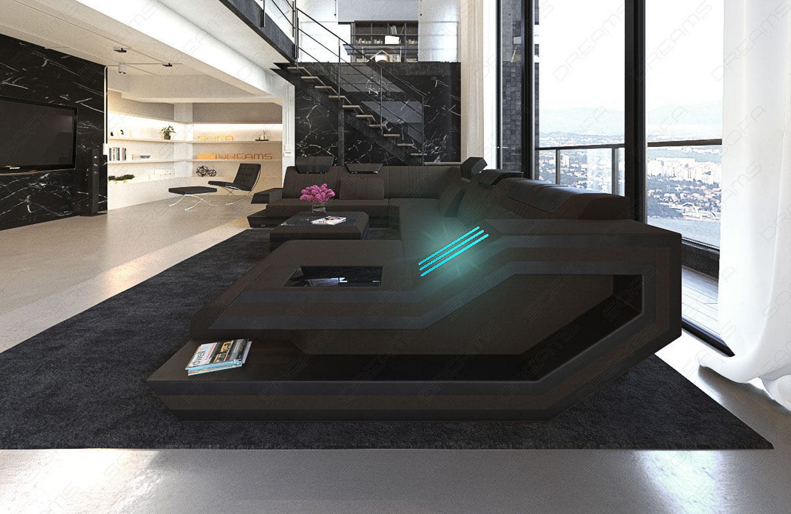 Leder-Stoff-Mix Wohnlandschaft Ravenna XL LED Mokka-Schwarz