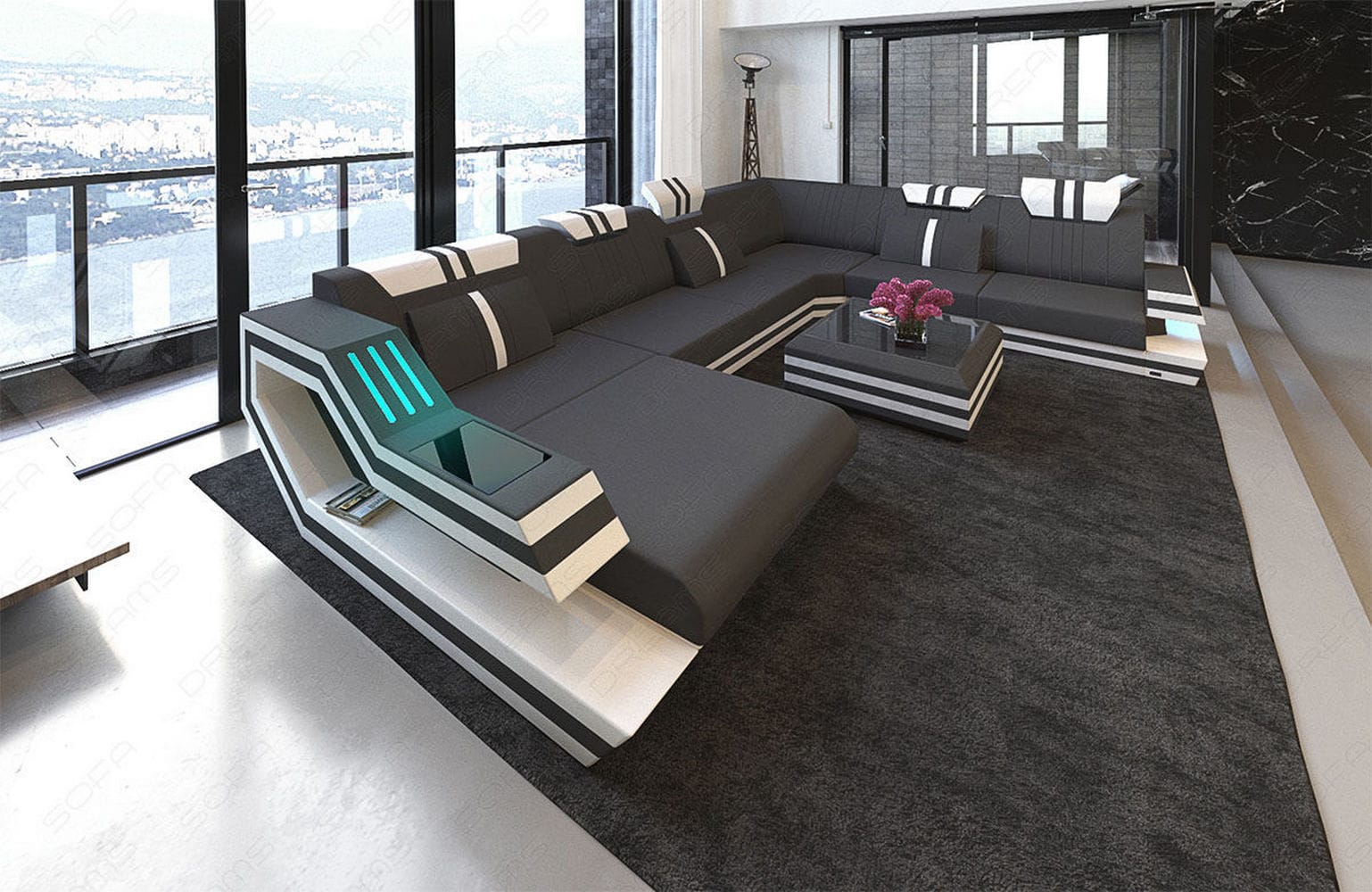 Leder-Stoff-Mix Wohnlandschaft Ravenna XL LED Dunkelgrau-Weiß
