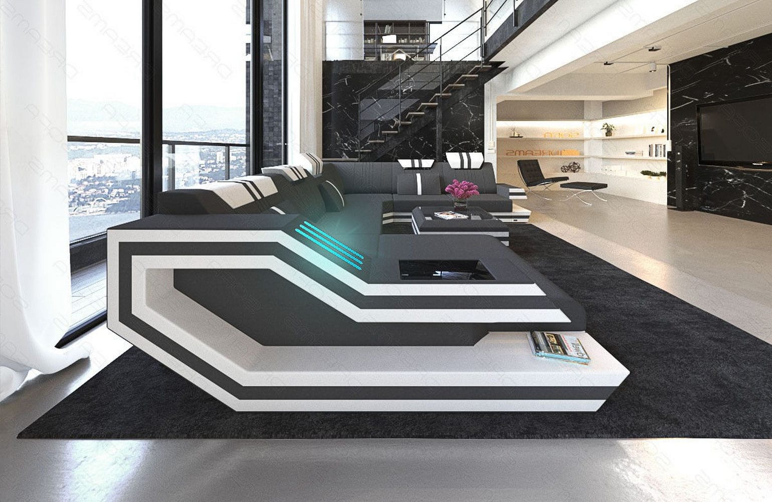 Leder-Stoff-Mix Wohnlandschaft Ravenna XL LED Dunkelgrau-Weiß