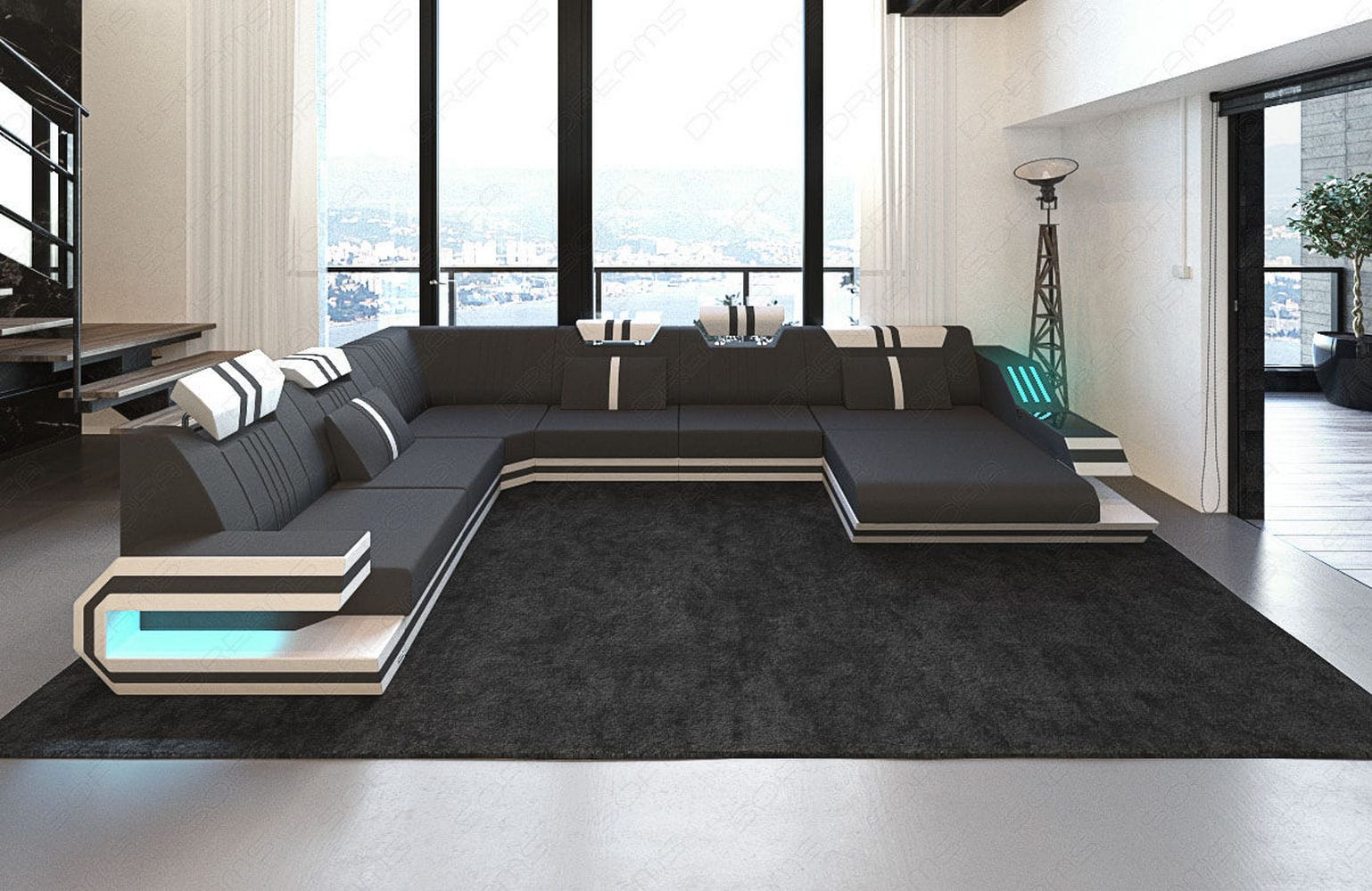 Leder-Stoff-Mix Wohnlandschaft Ravenna XL LED Dunkelgrau-Weiß