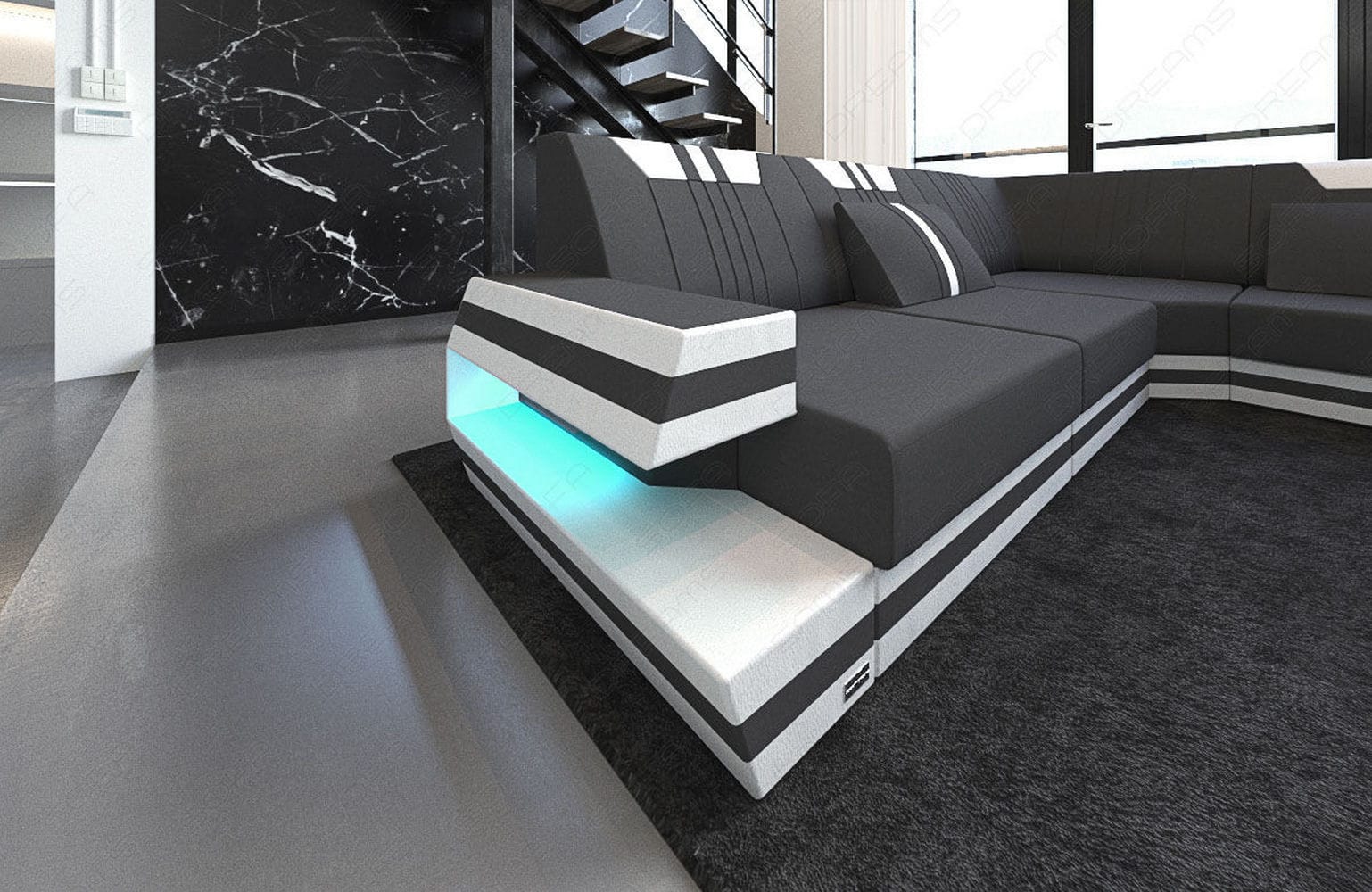 Leder-Stoff-Mix Wohnlandschaft Ravenna XL LED Dunkelgrau-Weiß
