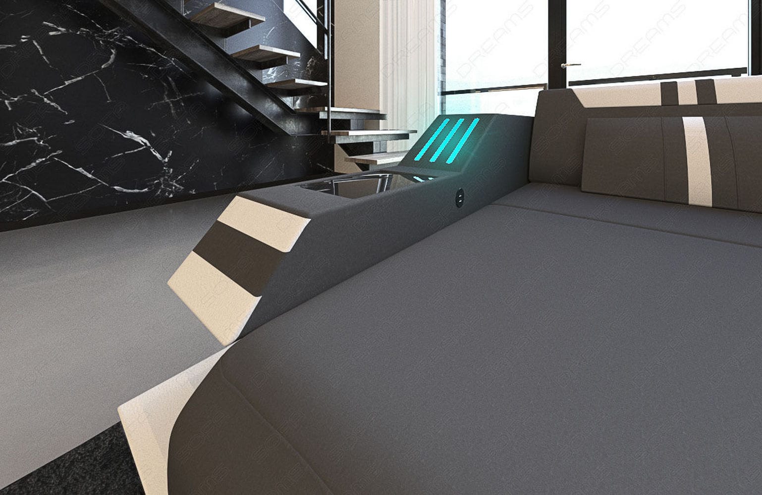 Leder-Stoff-Mix Wohnlandschaft Ravenna XL LED Dunkelgrau-Weiß