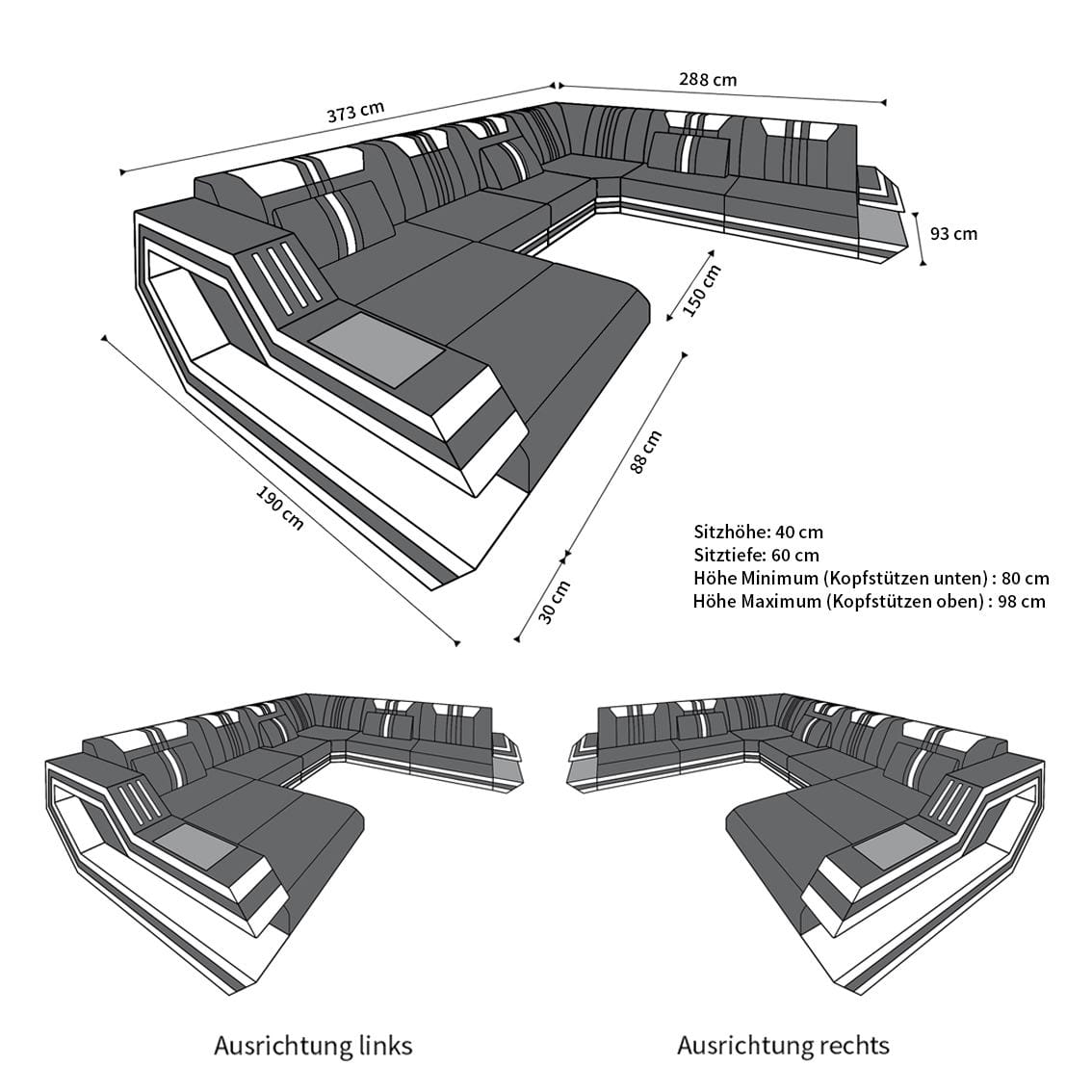 Leder-Stoff-Mix Wohnlandschaft Ravenna XL LED Dunkelgrau-Weiß